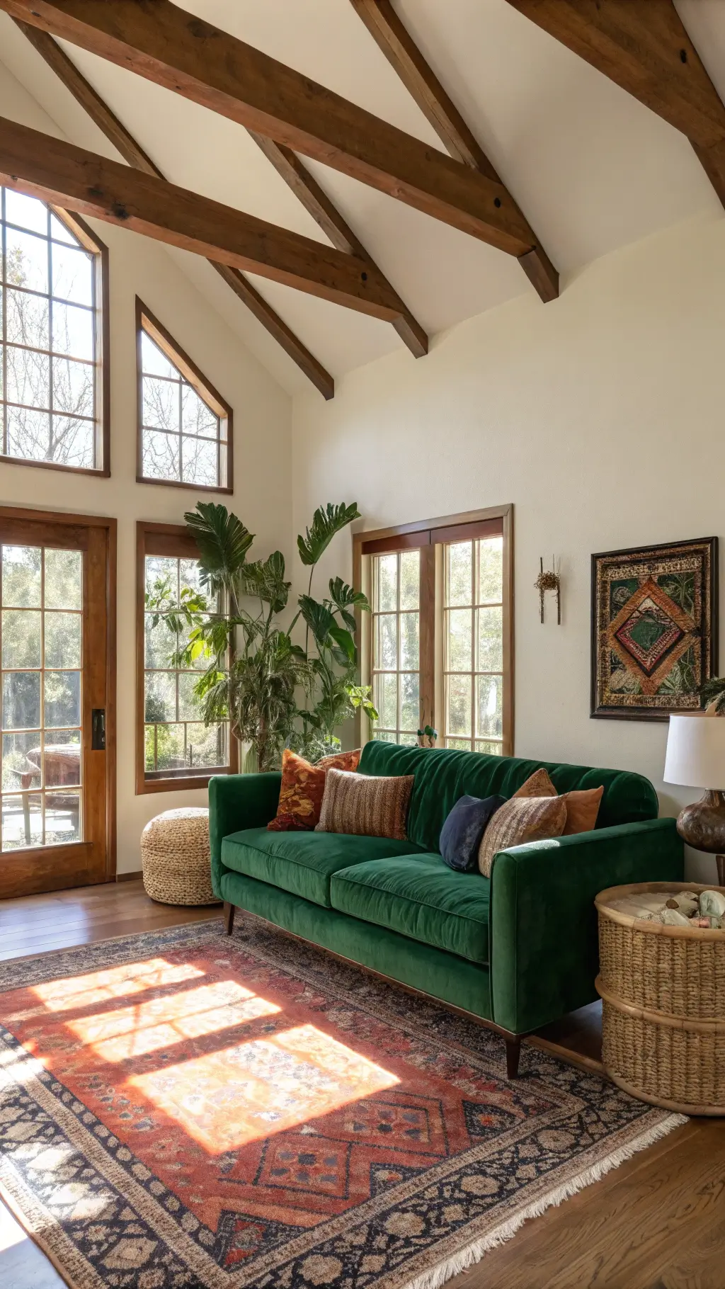Sunlit living room with high ceilings, emerald green velvet sofa, Ankara and Kente textiles in deep colors, baskets near a large monstera, and Persian rug, during golden hour.