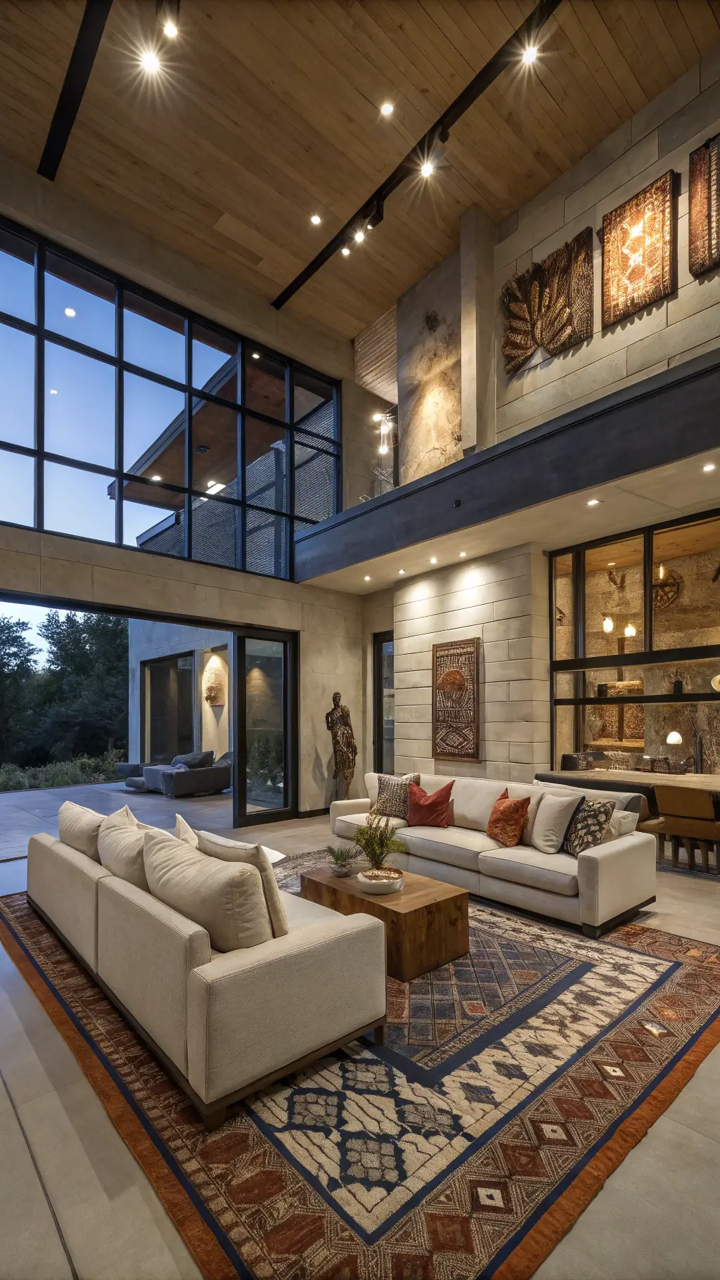Architecturally detailed modern open-concept space with oatmeal linen sectional, carved wooden sculptures on shelves, black and white tribal prints near windows, and a geometric area rug in indigo, rust, and ochre lit with ambient and accent lights during blue hour.