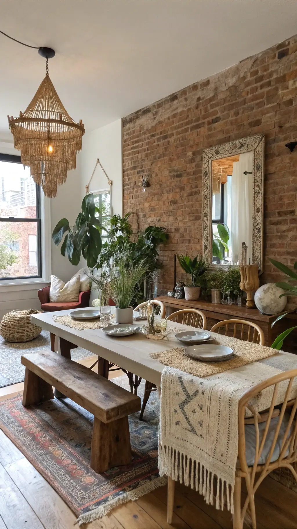 Bohemian dining and living area with vintage table, eclectic seating, hanging plants, and oversized mirror against an exposed brick wall.