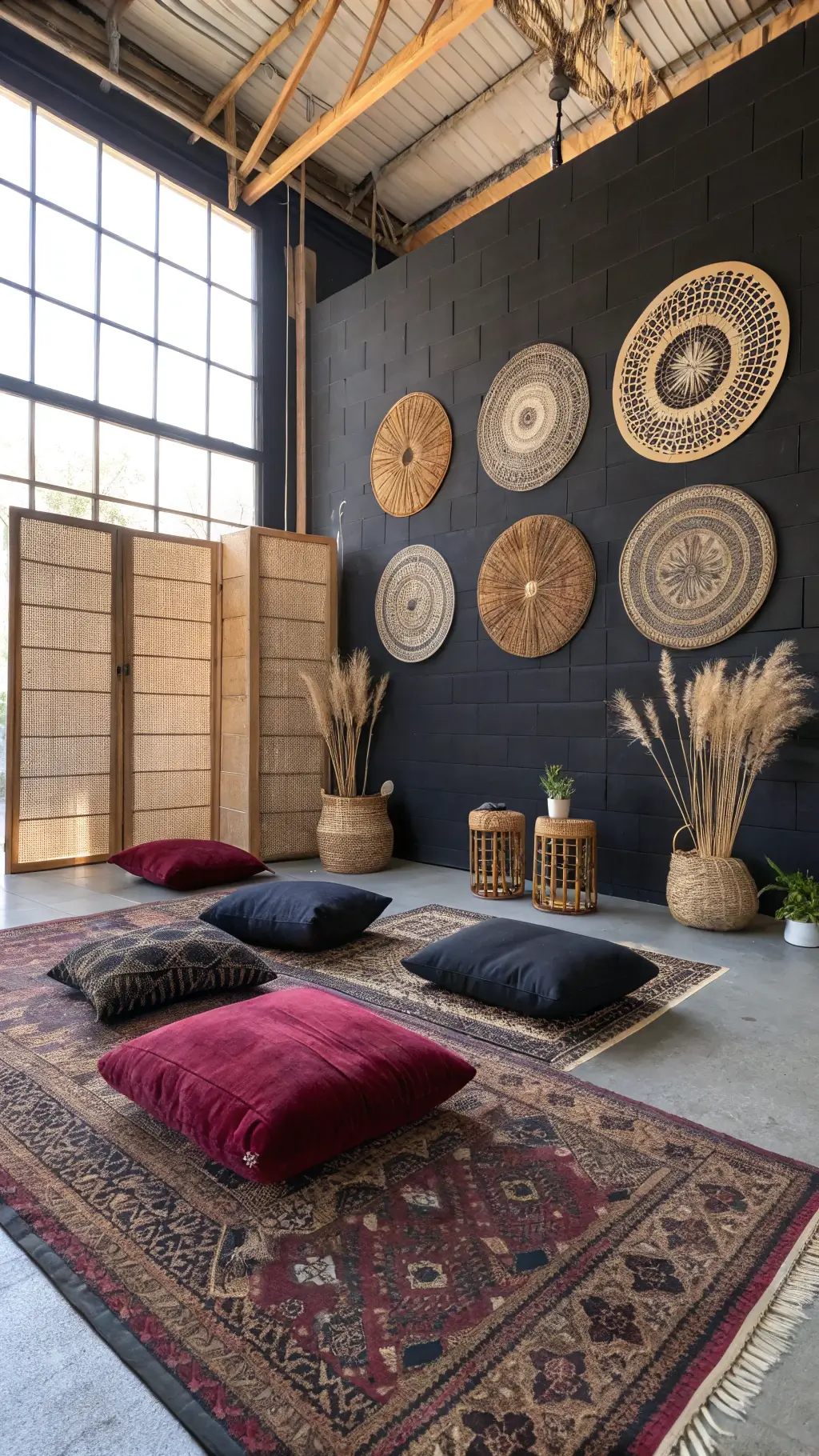 Meditation corner with high ceilings, jewel-toned floor cushions on vintage rugs, black wall decorated with woven baskets, large ceramic vessels with dried pampas grass, and geometric shadows from morning light through wooden screens, shot from a low angle with 85mm lens for focus on textile details.