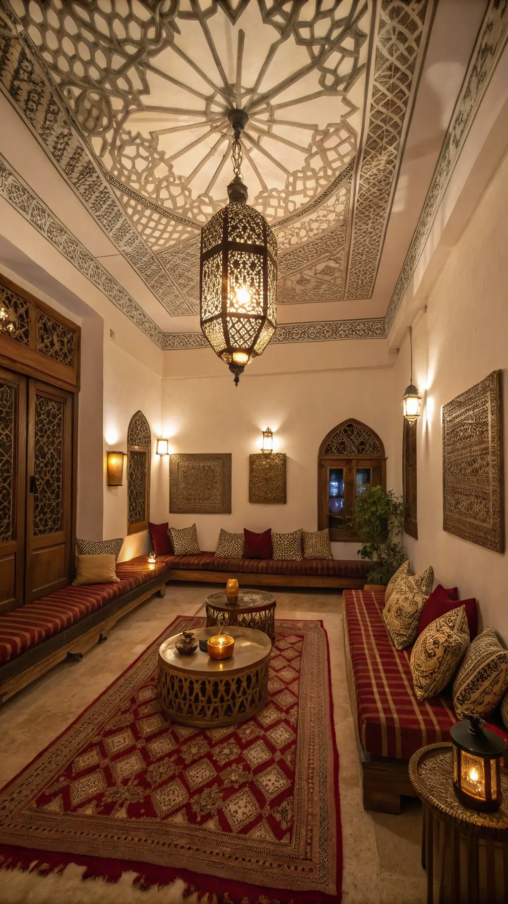 Intimate Moroccan-style sitting room interior with geometric shadow patterns, brocade cushions, brass tea service, vintage kilim rugs, metalwork wall sconces, and teak wood shelving during blue hour.