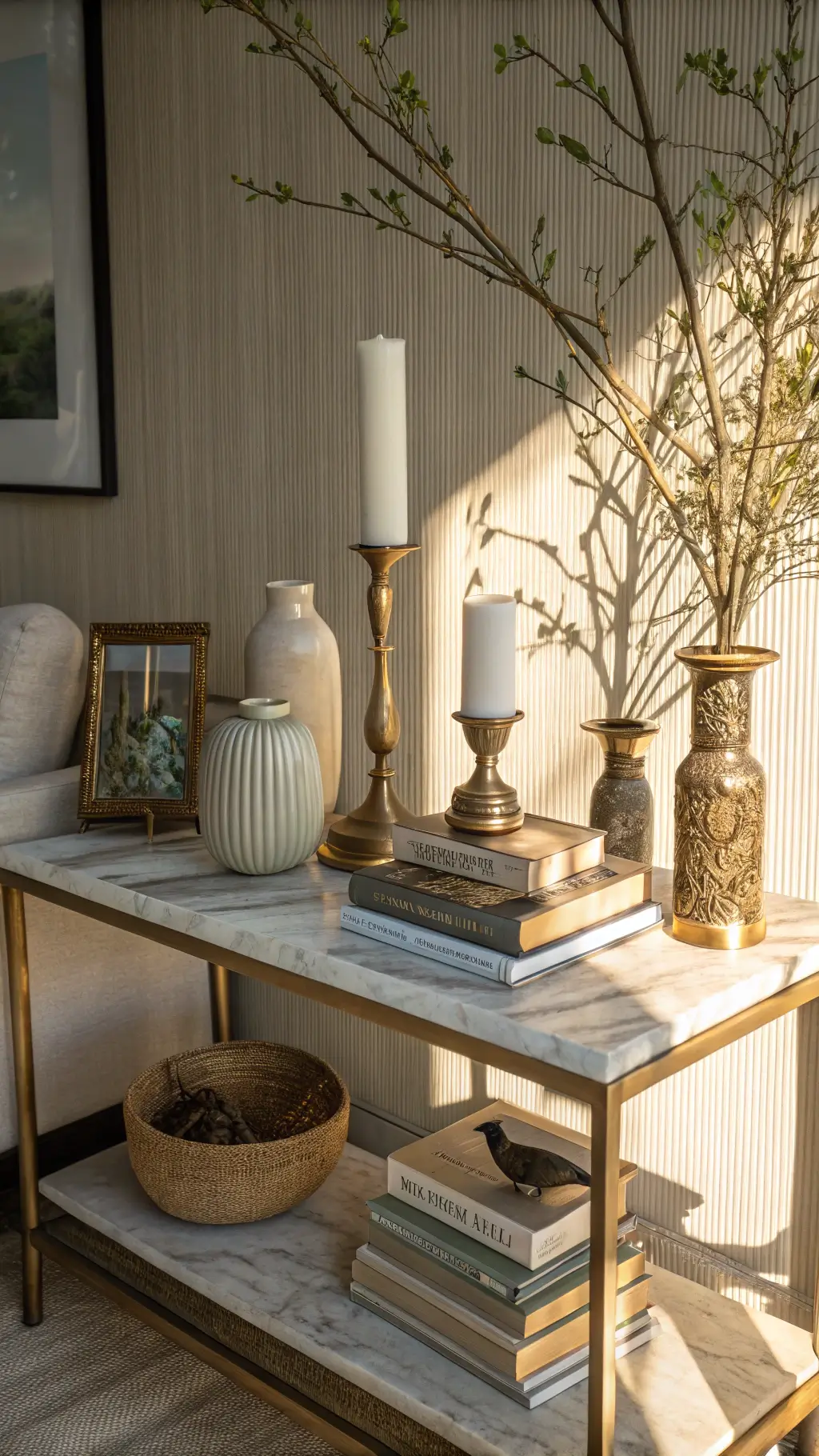 Intimate living room shot at golden hour featuring a stylish console table with vintage art books, ceramic vases, bird's nest nestled among brass candlesticks, textured wallpaper, and negative space illuminated by natural light