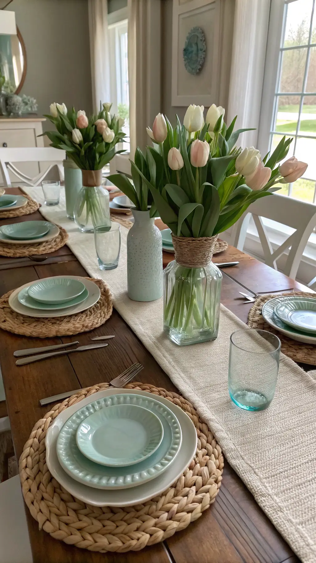 Vintage farmhouse table at standing height angle with natural linen runner, blue-green reactive glaze ceramics, fresh tulips and ranunculus in clear glass vessels, and woven placemats during diffused midday light.