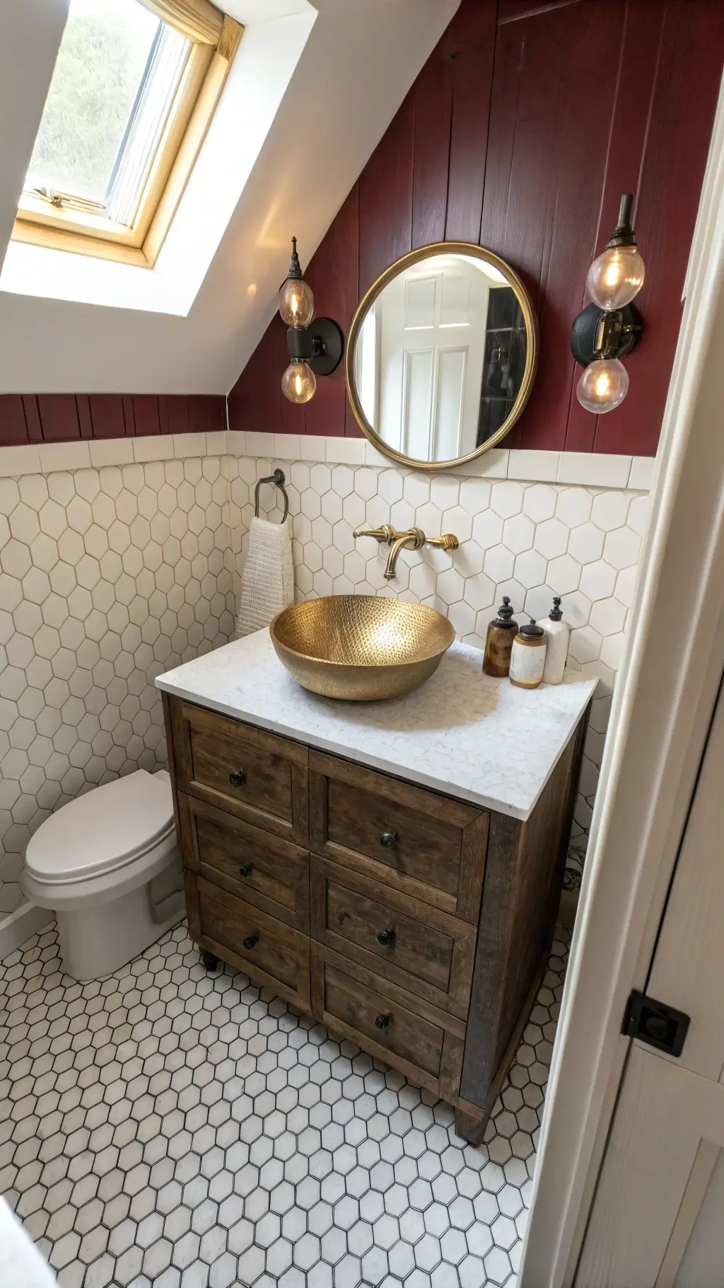 Overhead view of a small, intimate powder room with hexagonal penny tiles, antique dresser vanity, brass fixtures, burgundy walls, and morning light streaming through a skylight.