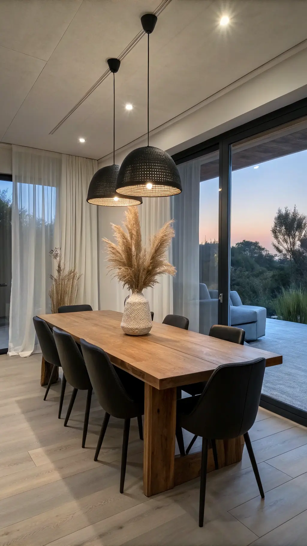 Sophisticated minimalist dining space with long oak table, black leather chairs, matte black pendant light, large window with sheer linen drapes, pale gray textured walls, and oversized ceramic vase with dried pampas grass at dusk.