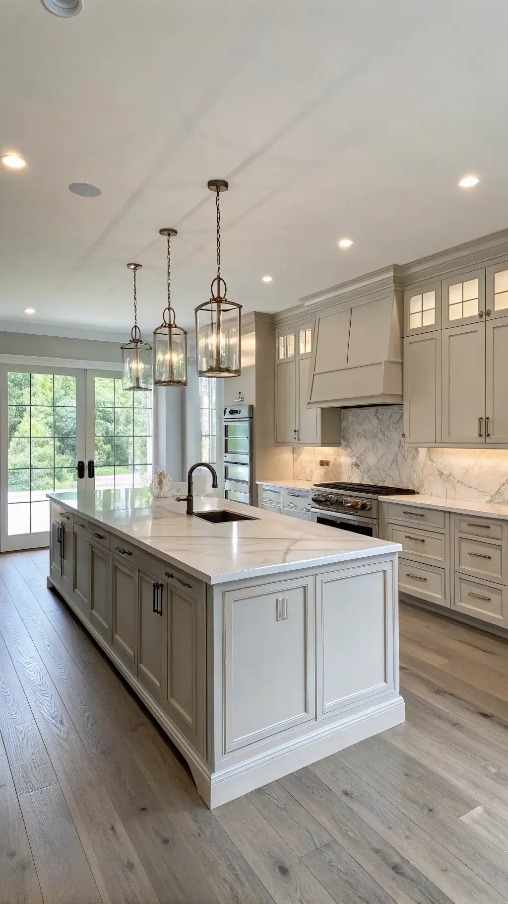 Open concept kitchen with 10ft marble island, warm gray cabinets, integrated appliances, and smokey glass pendant lighting, featuring pale oak flooring, natural light from clerestory windows, and under-cabinet lighting.