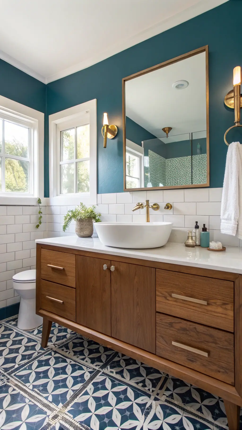 Midday-lit 5x7ft bathroom featuring a teak wood vanity with a white vessel sink, navy and white geometric floor tiles, a preserved 1950s medicine cabinet mirror, brass lighting fixtures, a teal accent wall, white subway tile shower, and polished nickel hardware.