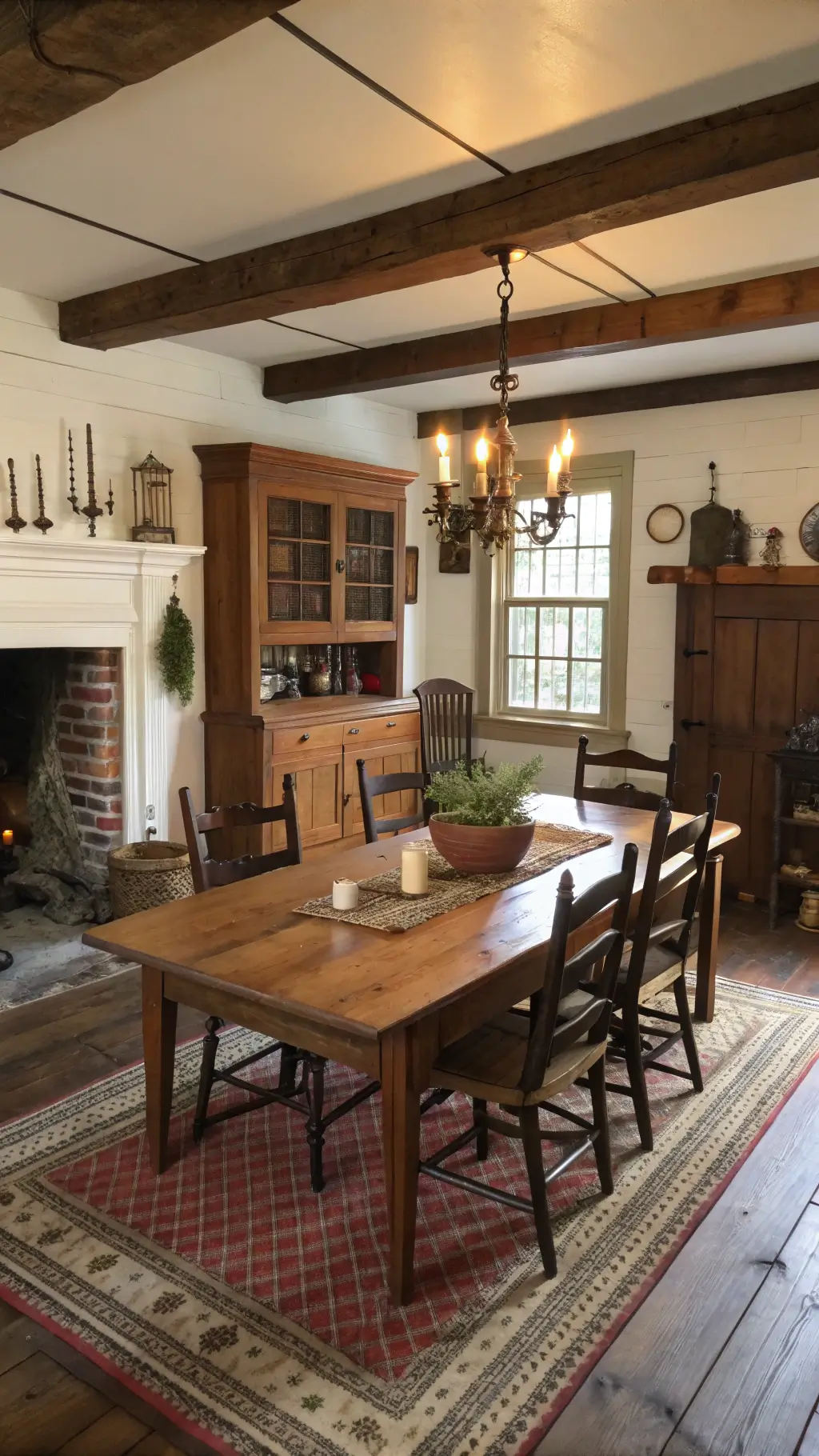 Colonial-style dining room with cherry trestle table, ladder-back chairs, corner cupboard showcasing pewter collection, handwoven wool rugs on pine floors, brass candlesticks, dried herbs on ceiling beam, and a fireplace with a cast iron cooking crane, illuminated by winter afternoon light.