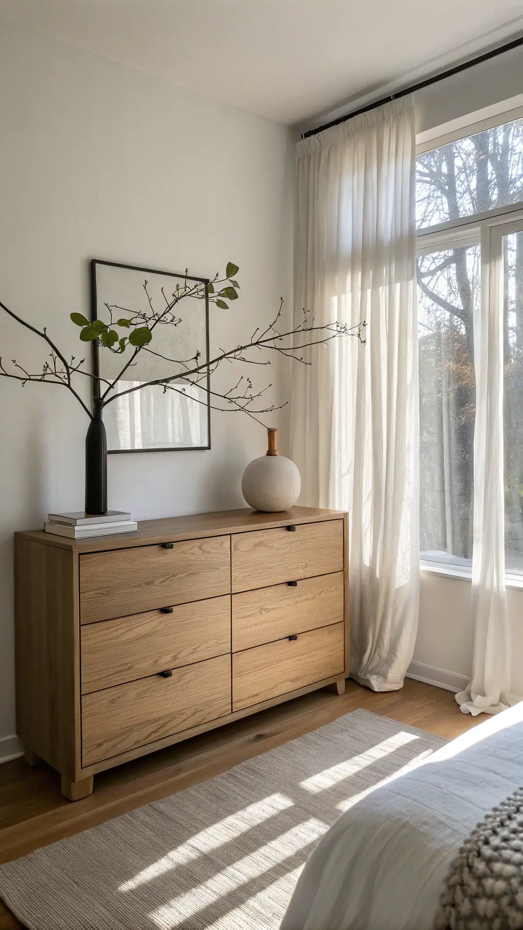 Minimalist bedroom corner with a 6-drawer Japandi oak dresser against a warm white wall, early morning light casting soft shadows through sheer linen curtains, and a round mirror hanging above.