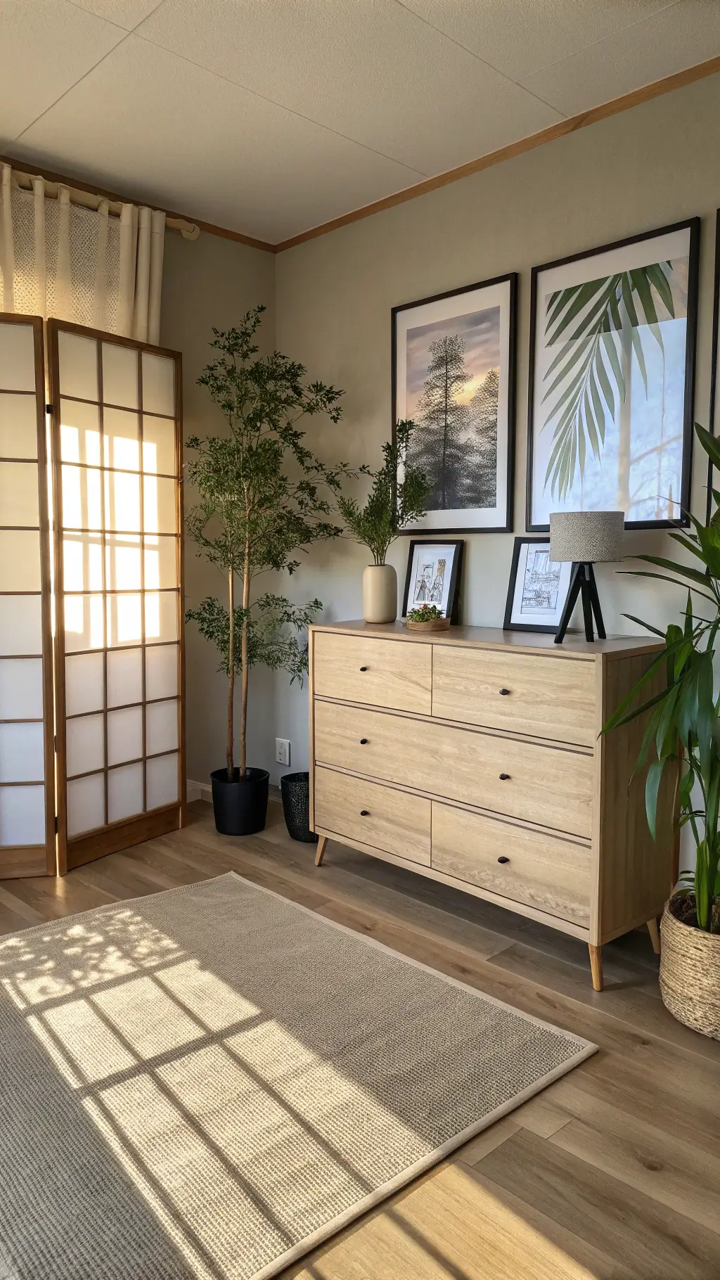 Modern Zen dressing nook featuring a light ash Japandi dresser, potted bamboo plants in black containers, minimal ink wash triptych artwork, set against the backdrop of wooden floors and a cream jute rug, illuminated by late afternoon light through shoji screens.