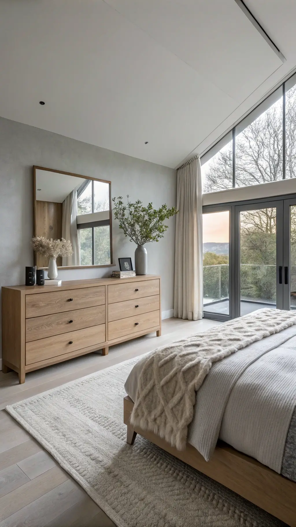 Spacious Scandinavian Sunrise Suite with a large bedroom illuminated by dawn light from floor-to-ceiling windows, featuring an 8-drawer Japandi dresser styled with a linen runner, a concrete dish, and a single orchid, reflected in an oversized mirror against pale grey walls.