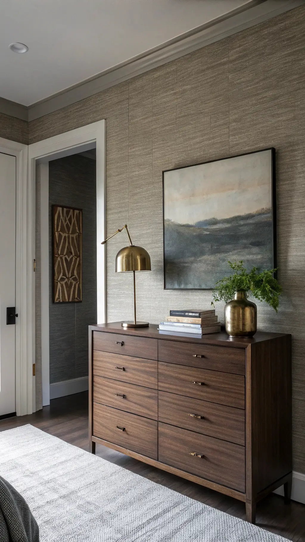 Minimalist master retreat with dusk lighting featuring Japandi dresser, brass lamp, art books, air plant, and abstract canvas in a 10x12ft bedroom with textured grasscloth wallpaper