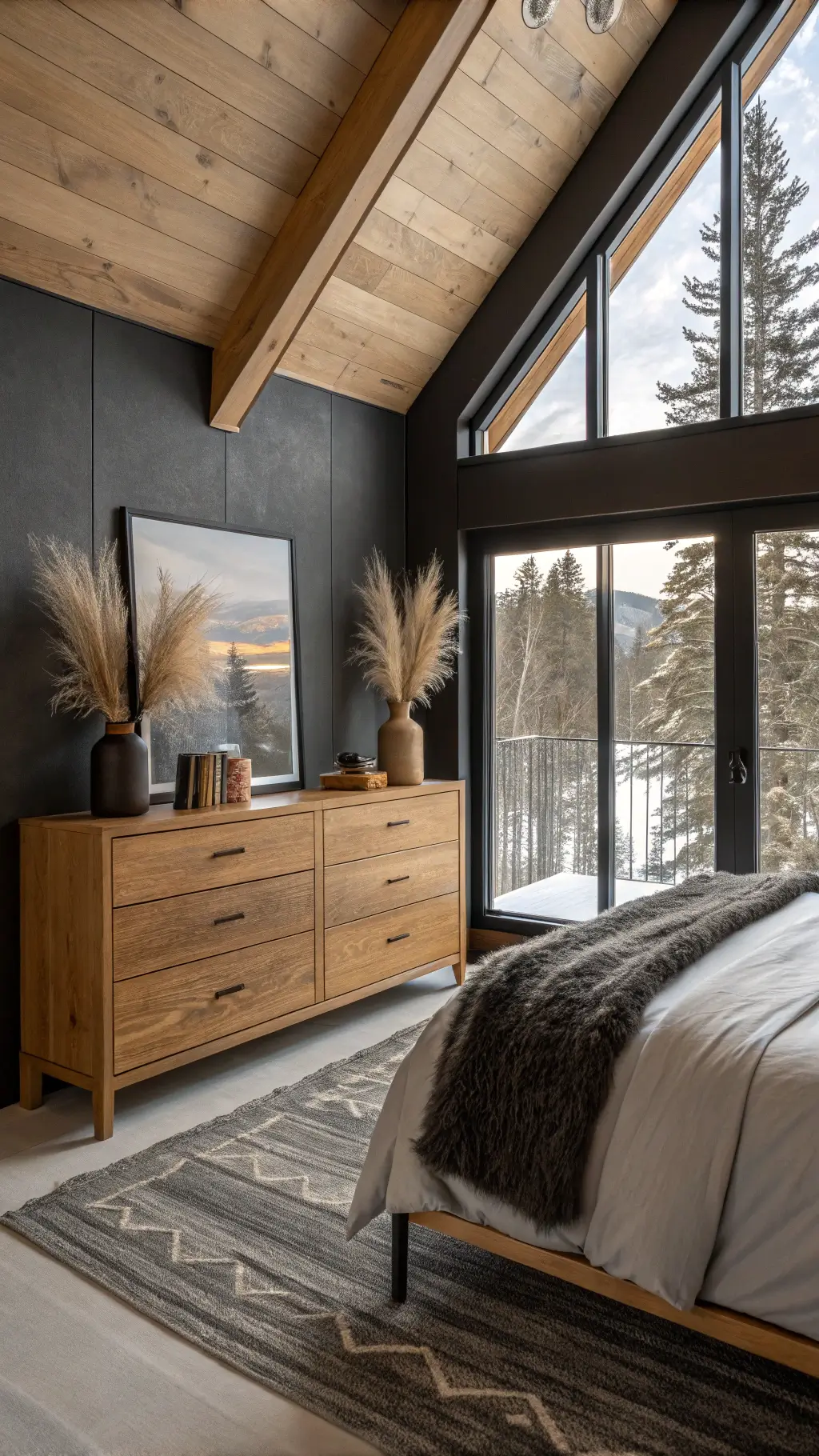 Dramatic 14x16ft bedroom with cathedral ceiling, solid oak Japandi dresser against charcoal wall, and modern landscape photography, lit by cool natural light and warm fixtures, in a contemporary mountain suite.