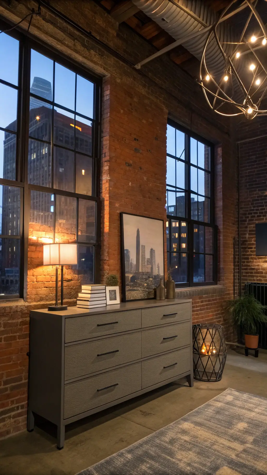 Urban loft bedroom with exposed brick walls and ash gray Japandi dresser, accentuated with a geometric metal sculpture, vintage art books, and trailing pothos plant, against a city twilight backdrop as seen through steel-framed windows.