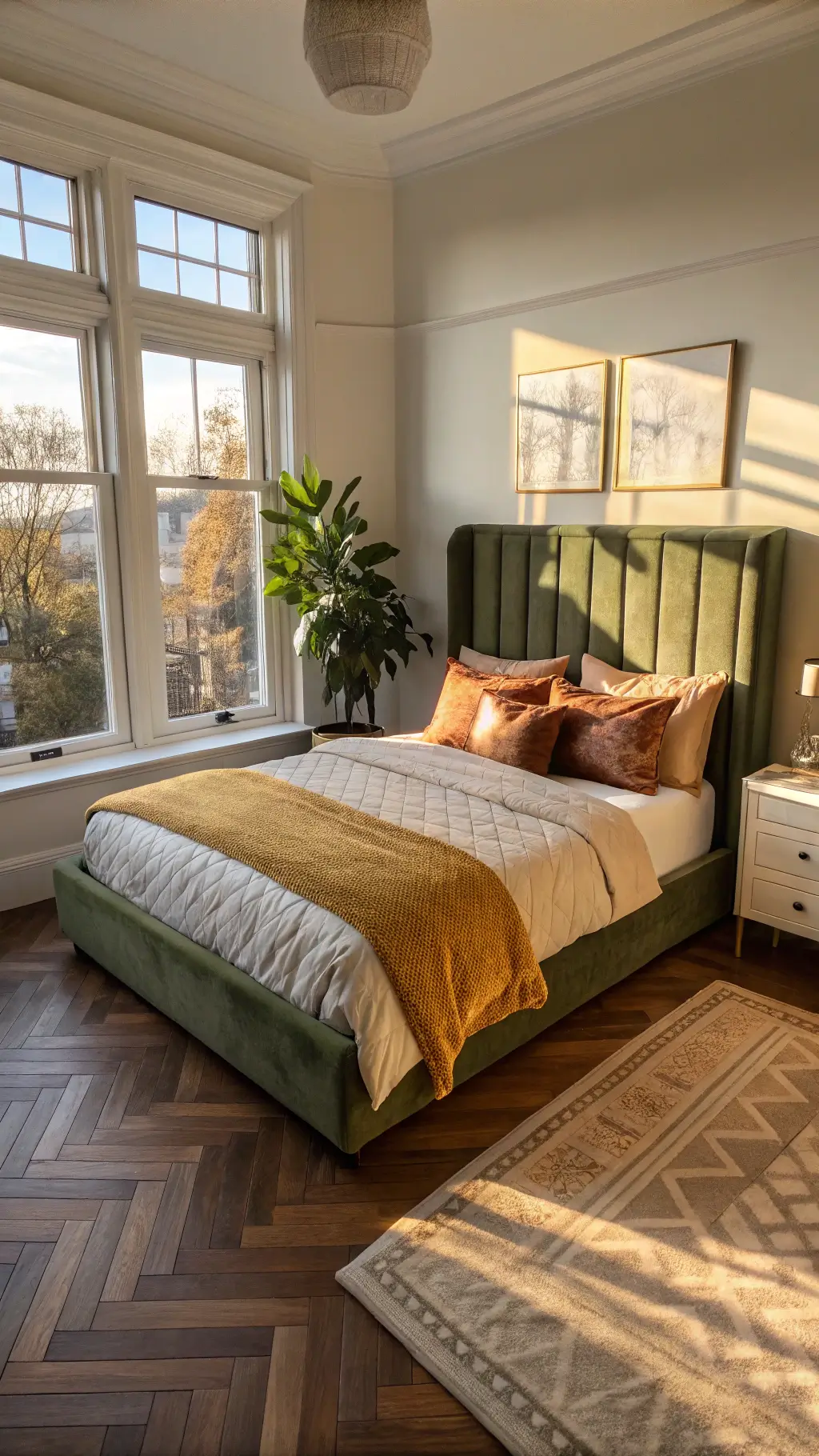 A warm, autumnal 14x14ft bedroom featuring a platform bed with olive green velvet headboard, mustard blankets, copper pillows, cream bedding, herringbone hardwood floors, and a potted fiddle leaf fig basking in the golden afternoon sunlight peeking through the bay window nook.