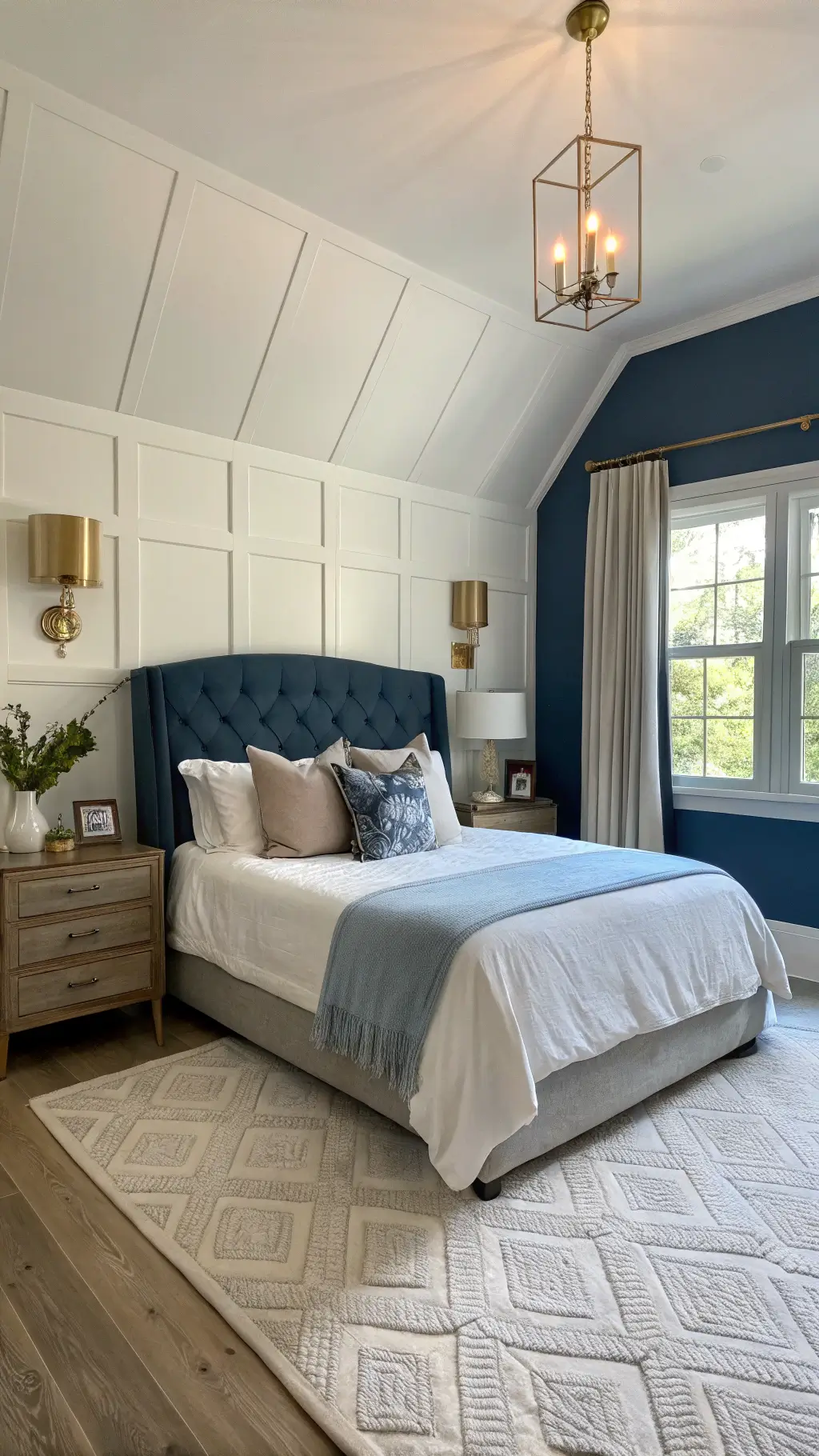 Twilight view of a cozy guest bedroom with ombré walls, queen bed with navy headboard, white bedding, blue pillows, brass sconces, white oak floors with vintage rugs, glass bedside tables, white curtains and styled with blue books and ceramic vessels.