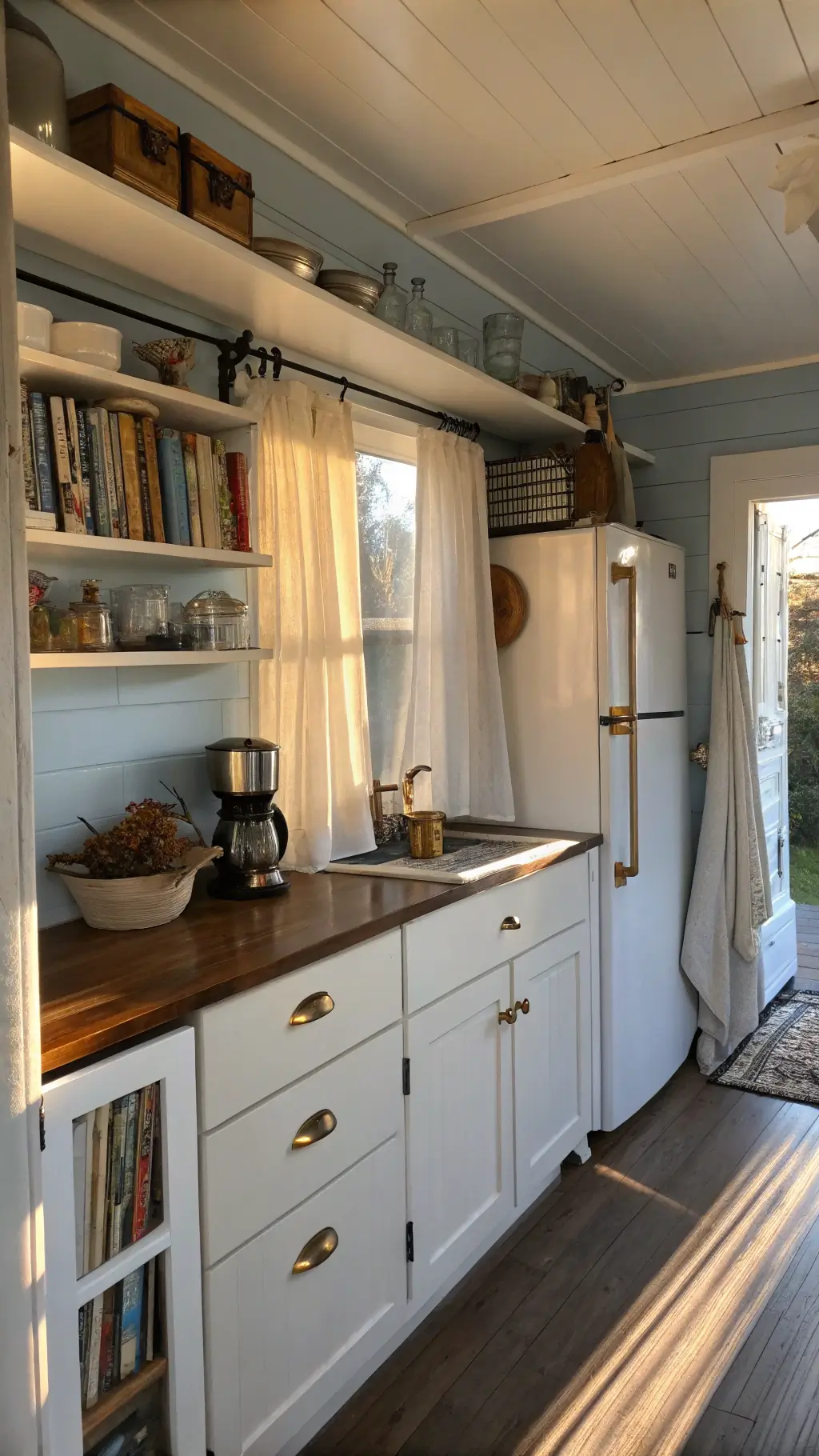 Sun-drenched small galley kitchen with blue walls, white Shaker cabinets, and brass hardware, featuring open shelving with enamelware and cookbooks, pull-out pantry organizers, and vintage-style refrigerator.