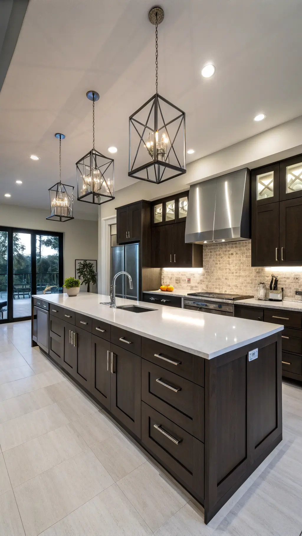 Modern open-concept kitchen featuring espresso-stained cabinets, quartz countertops, and illuminated glass cabinets, under warm pendant lights. View from a low angle emphasizing vertical lines, sleek appliances, and geometric accessories.