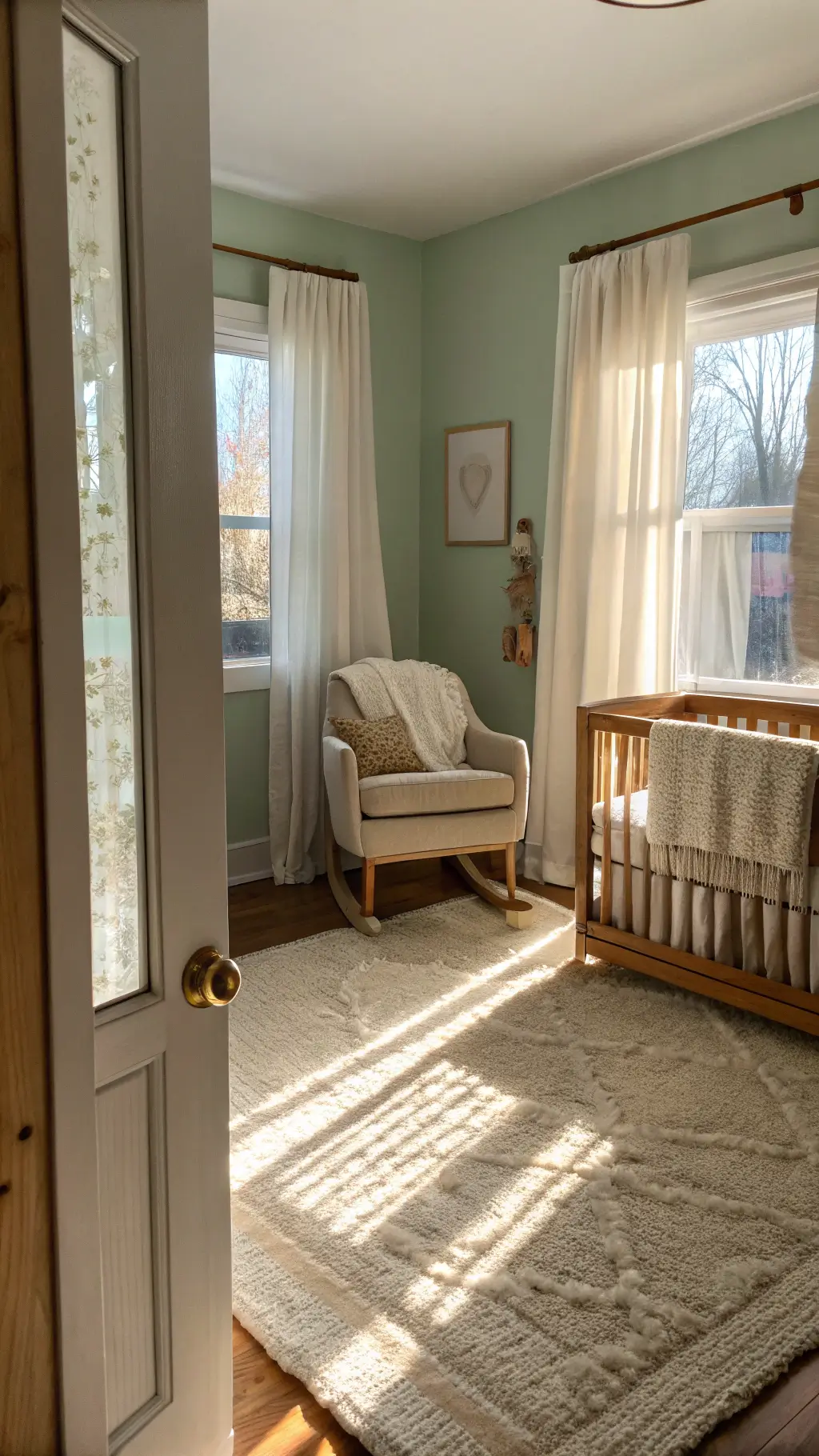 Scandinavian-style nursery with golden sunlight streaming through sheer linen curtains, featuring a weathered oak crib against sage green walls, an oatmeal-colored rocking chair under a brass mobile, and a changing table with matte brass hardware.