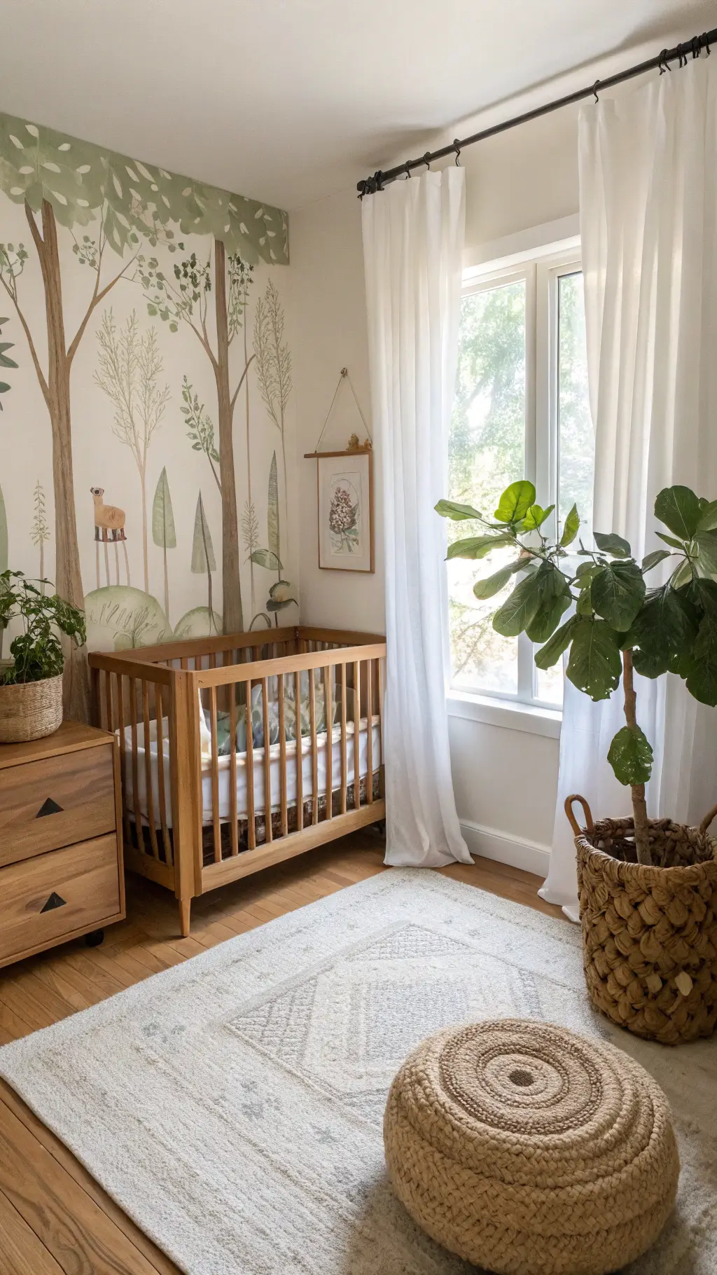 Serene woodland-themed nursery with morning light streaming onto natural oak crib, surrounded by fiddle leaf figs, hand-painted murals, and a gallery wall of forest animal prints.