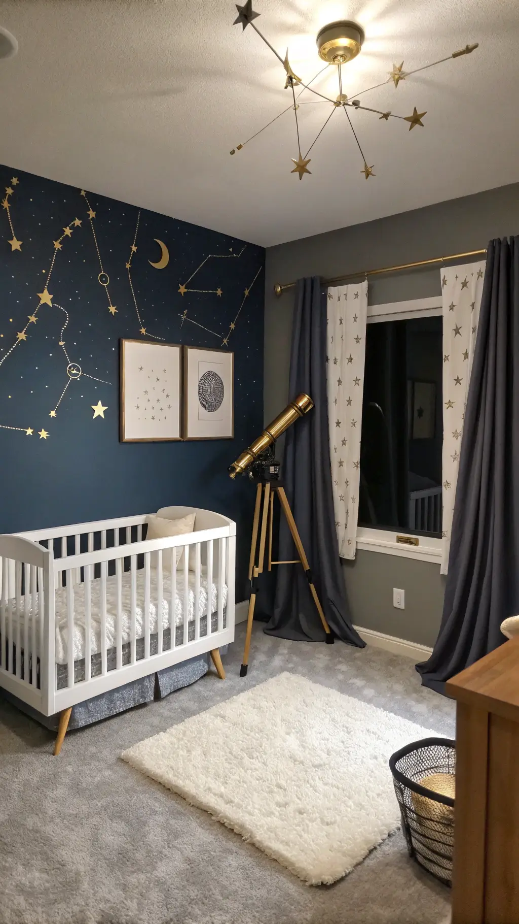Celestial-themed nursery at dusk featuring a star mobile, navy accent wall with gold constellations, white mid-century modern crib, grey carpet, cream rug, brass-framed prints, and a vintage telescope, with moody ambiance lighting.