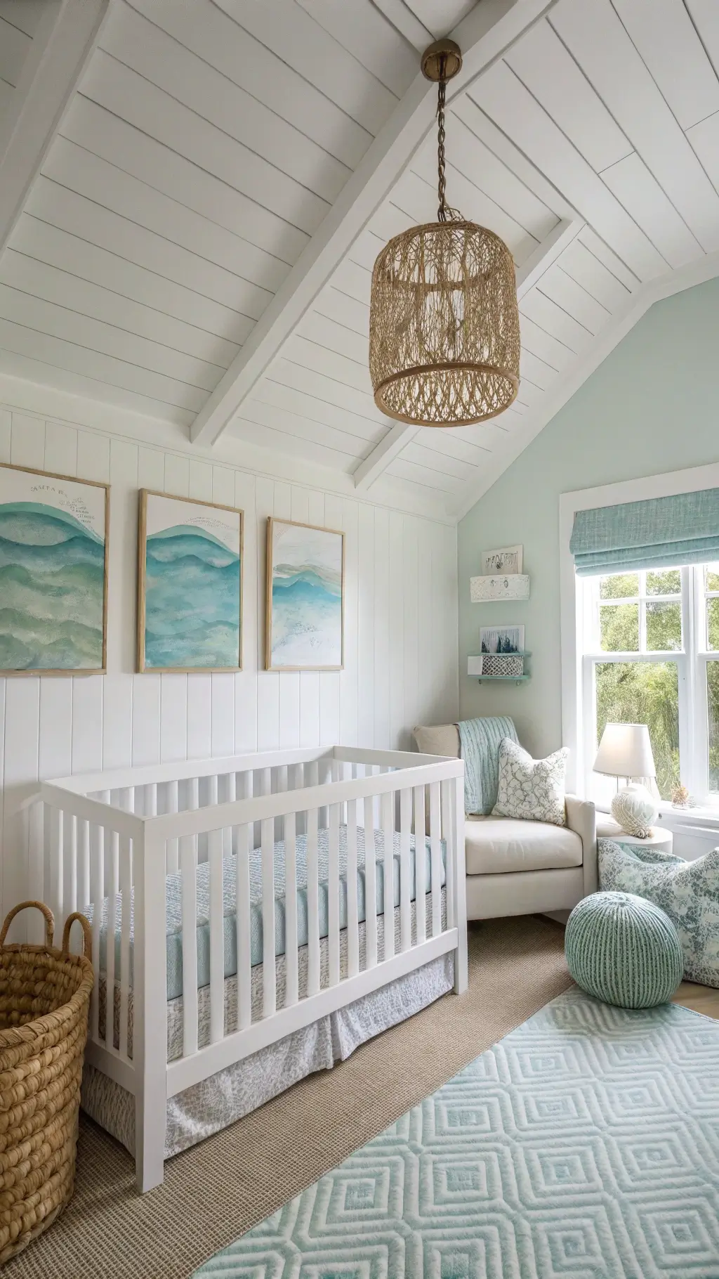 Bright, coastal-inspired nursery with white beadboard ceiling, pale aqua walls, white crib with shell motifs, seagrass baskets, rope-wrapped lamp bases, and abstract ocean art.