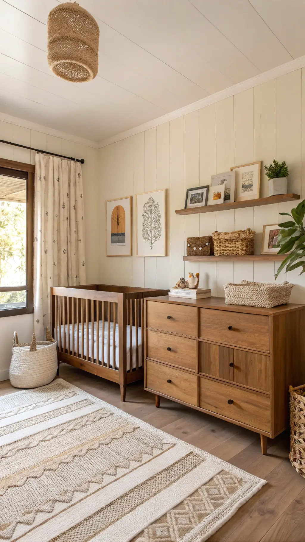 Contemporary nursery with cream walls, walnut crib and dresser, Moroccan rug, minimal art, leather pouf, floating shelves with toys and books, and wooden slat accent wall in warm natural light