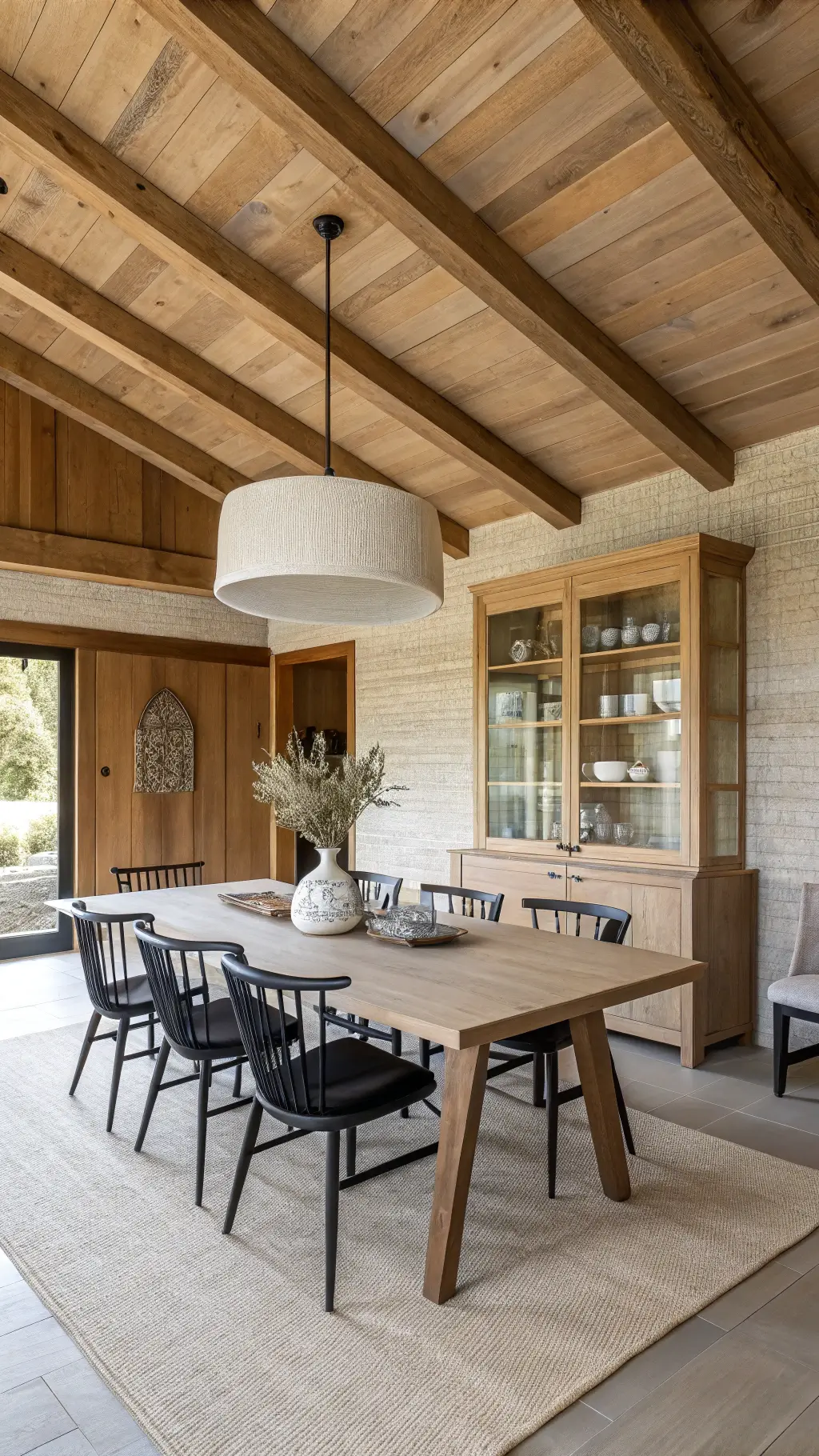 Modern dining space with exposed wooden beams, oak table, black chairs, ceramic pendant light, grasscloth wall, and built-in storage showcasing earthenware, lit by diffused daylight.