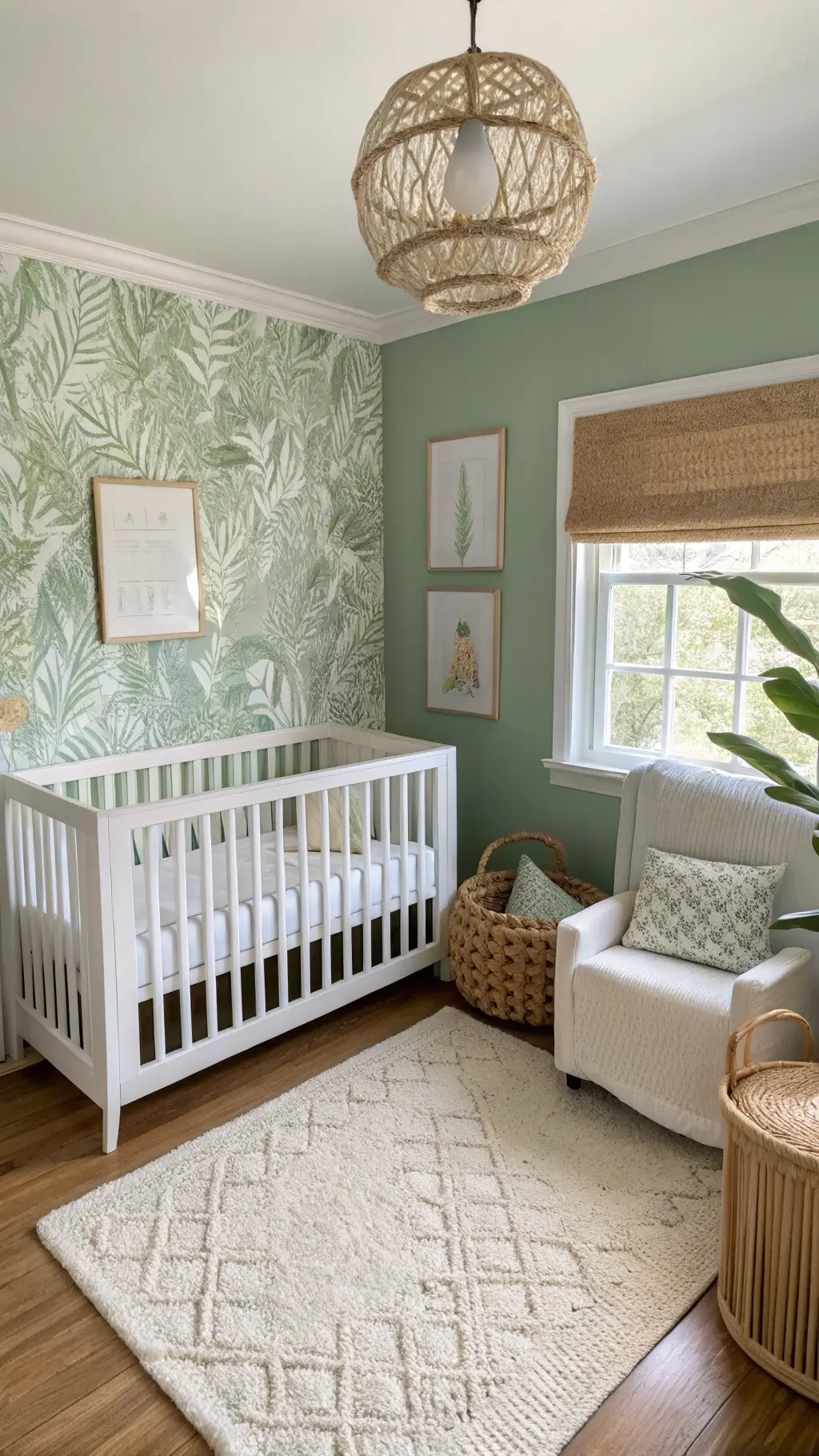 Sage green and white nursery with modern crib, botanical prints, and rattan pendant light