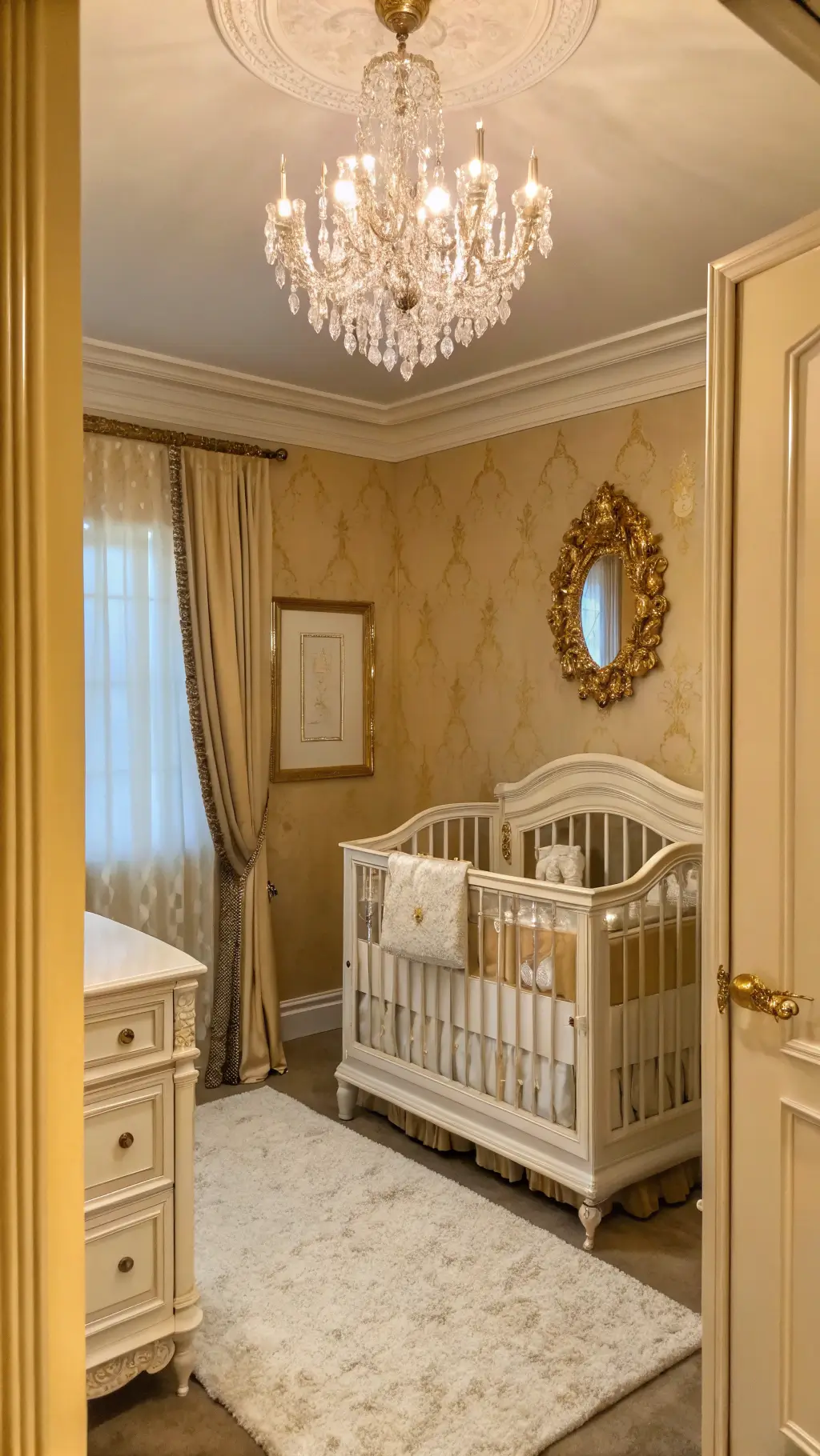 Luxe beige and gold nursery featuring French provincial crib, crystal chandelier, silk drapery, and Venetian mirror, shot at golden hour with soft focus