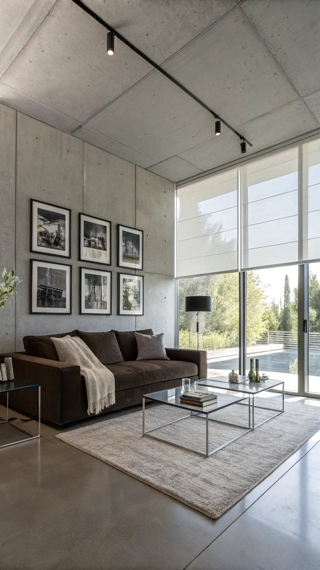 Bird's eye view of a sleek 16x14ft contemporary minimalist space featuring polished concrete floors, midday light through motorized shades, a dark brown low-profile linen sofa with monochromatic grey pillows, cashmere throw, chrome and glass accent tables, and oversized black and white photography.