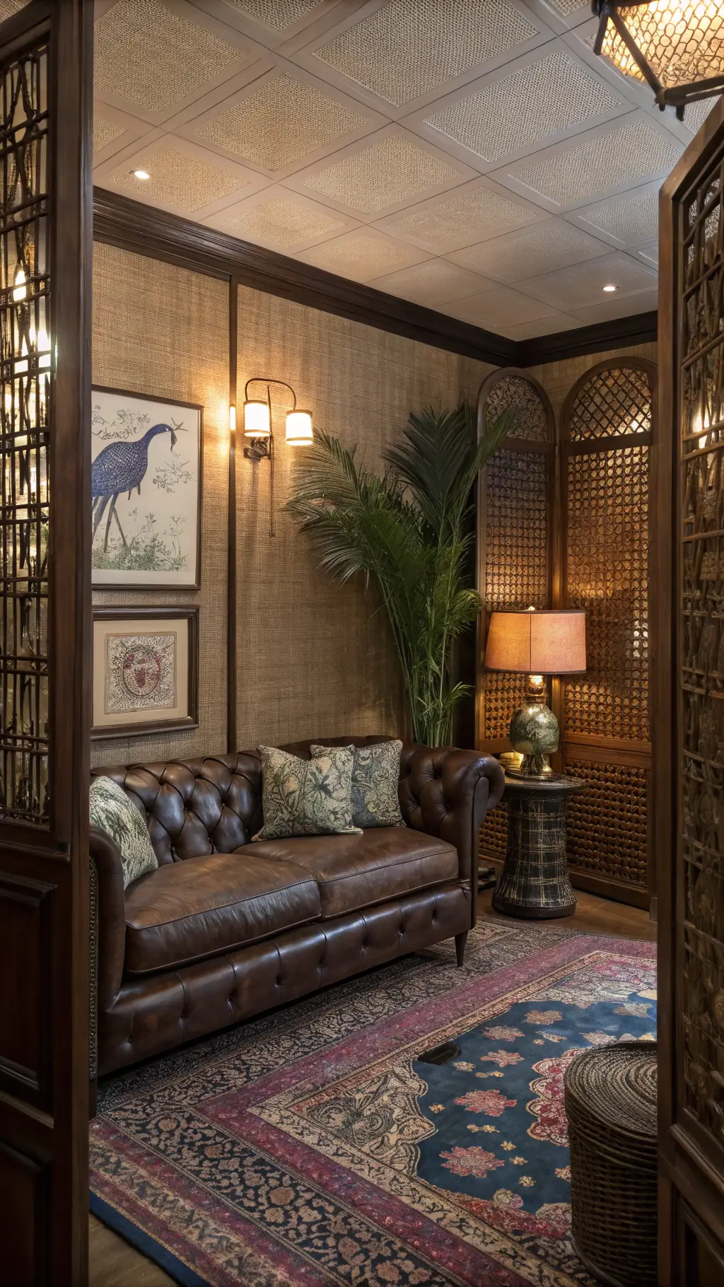 Cozy 14x12ft den with grasscloth walls, dark brown Chesterfield sofa, vintage Persian rug, wooden screens, and brass palm trees in rich jewel tones from a layered vignette shot.