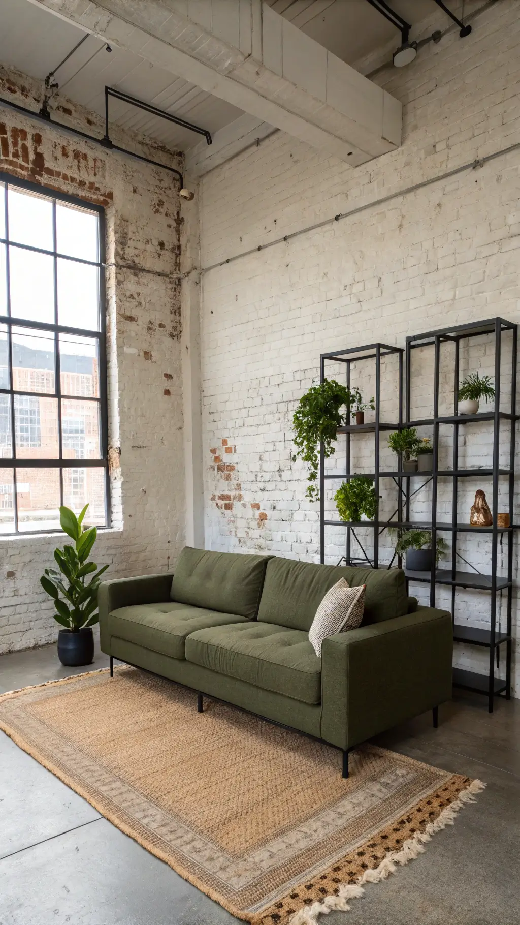 Industrial loft-style living space featuring an olive green sofa against a whitewashed brick wall, black metal shelving unit with plants and ceramics, layered jute and kilim rug, under the morning light through large windows.