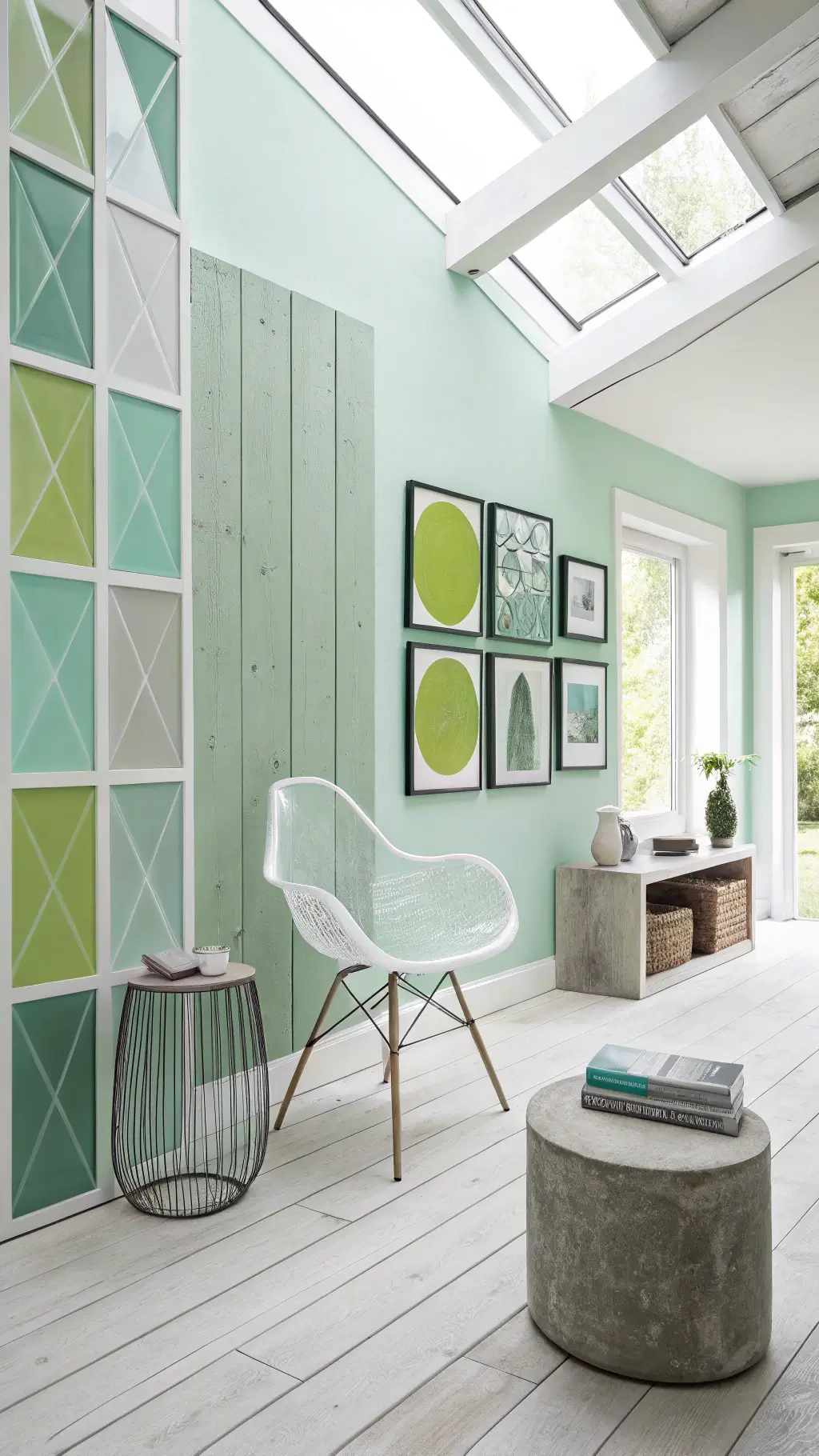 Modern minimalist, 18x22ft contemporary space with mint green accent wall, Scandinavian furniture, a ghost chair with a concrete side table, white oak flooring, and a geometric art installation with green tones, captured with high-key lighting.