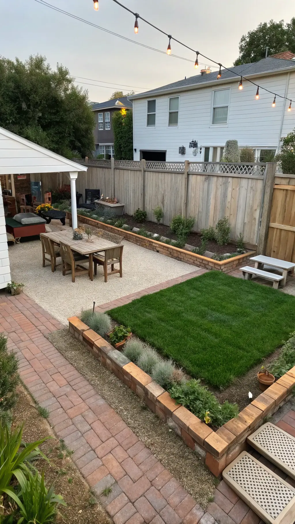 Midday wide-angle shot of a zoned 30x40ft backyard with distinct areas: gravel dining patio with upcycled farmhouse table, synthetic turf lounge with pallet sectional, and raised garden beds bordered by recycled bricks, with container plants as natural barriers; shot from 12ft elevation accentuating spatial flow, bathed in even light with subtle shadows for detail.
