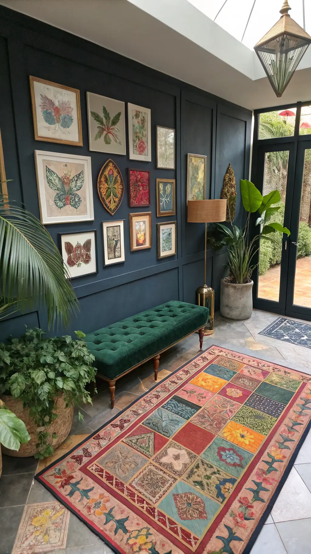 High-angle view of a vibrant bohemian entrance with patchwork-style painted tiles, layered Kurdish and Indian rugs, a green velvet bench, brass umbrella stand, oversized tropical plants, and a wall collection of framed butterfly specimens and botanical prints.