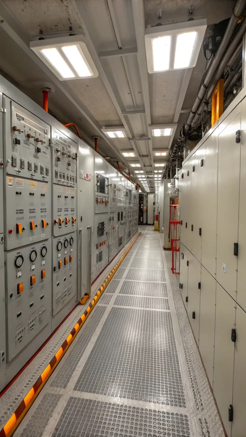 Wide-angle shot of a 25x35ft offshore platform equipment room with low ceiling, featuring dense maritime equipment in harsh fluorescent lighting reflecting off 316 stainless steel control panels and saltwater-resistant surfaces. Industrial setting is in grayscale palette with safety orange accents, emphasizing material's corrosion resistance.