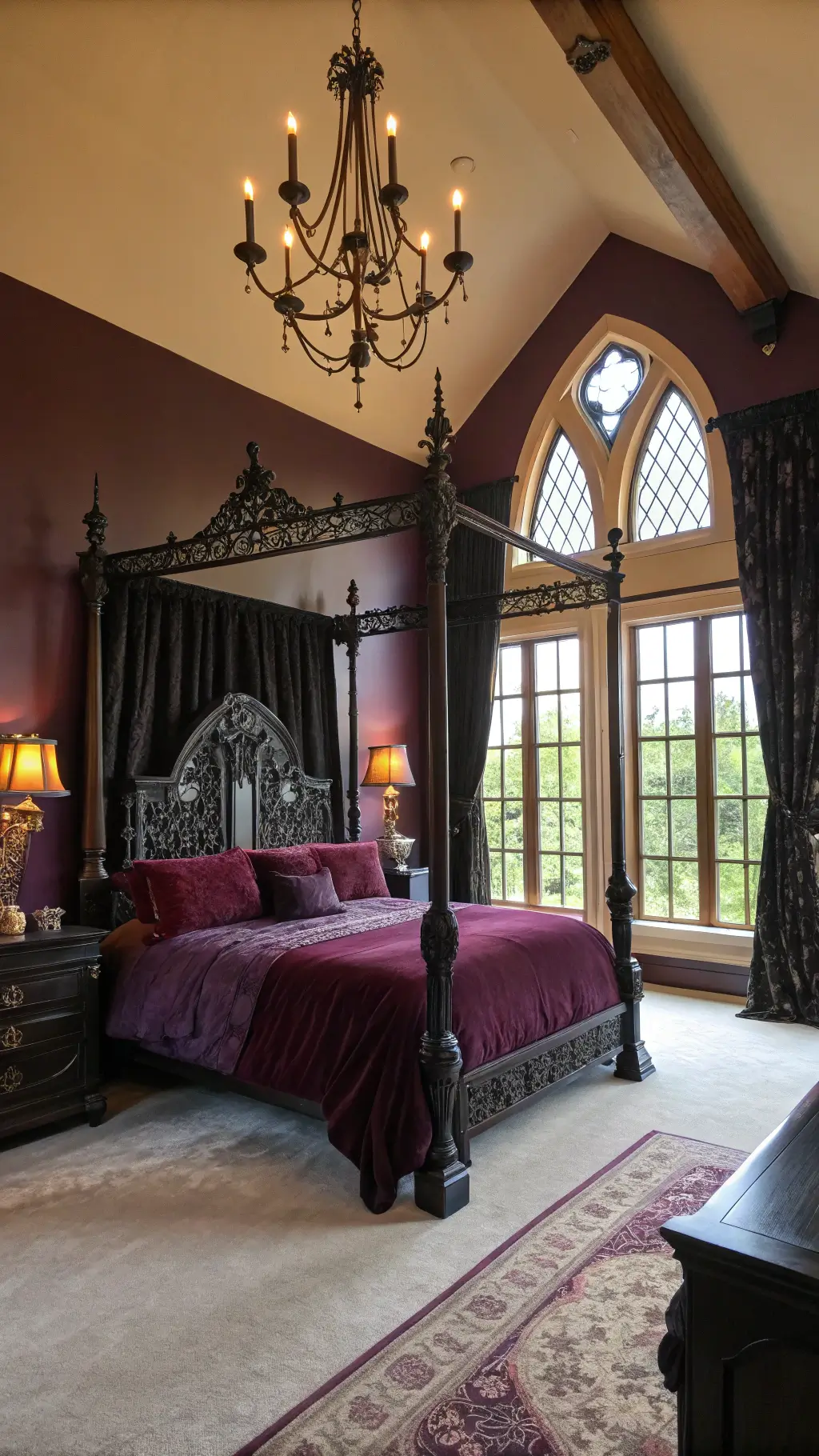 Gothic bedroom with four-poster bed, curtain-draped windows, and antique decor in golden hour lighting.