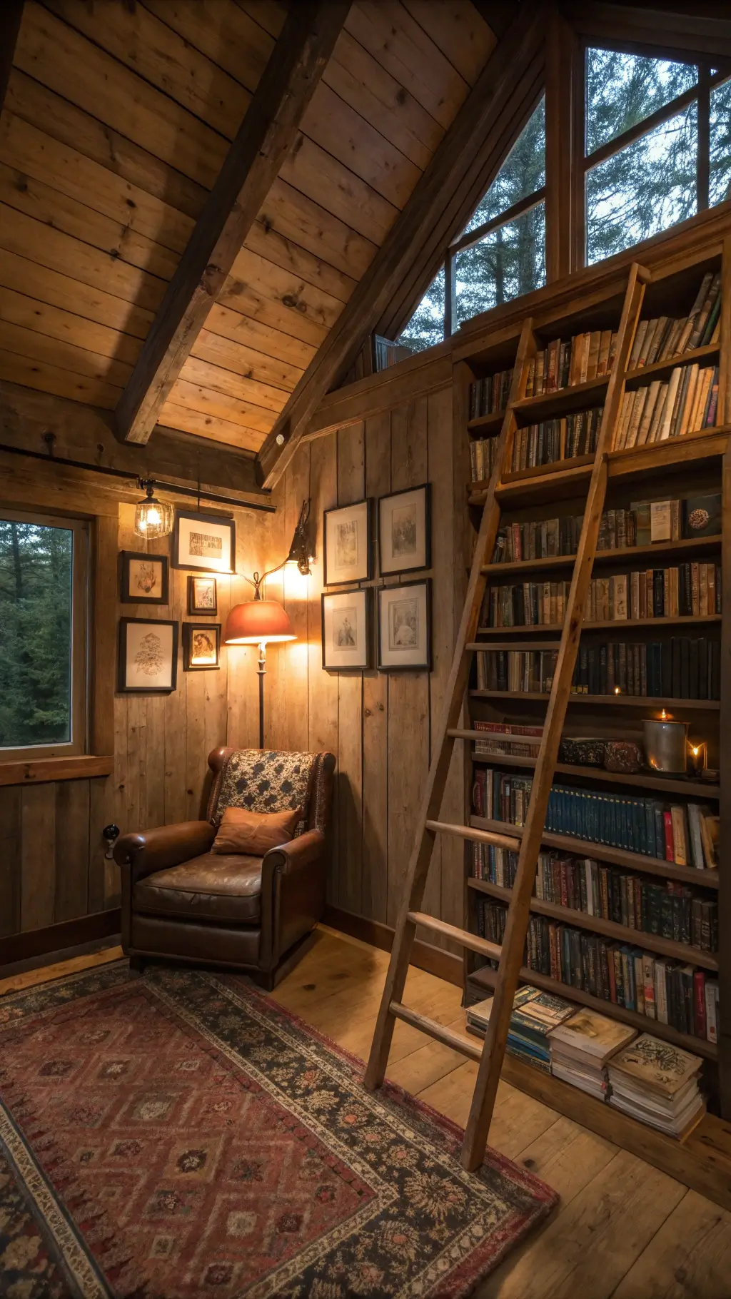 Cozy library nook in a 15x18ft cabin with wall-to-wall bookshelves, leather chair, antique ladder leading to loft, vintage maps, botanical prints, and moody lighting from a copper floor lamp.