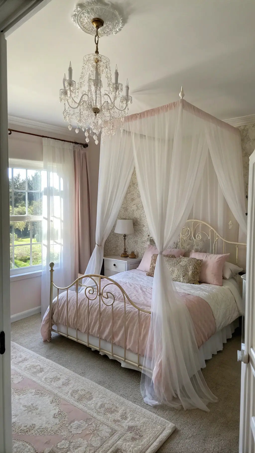 Dreamy princess suite with blush pink metal canopy bed draped with flowing tulle, pearl white nightstands with mercury glass lamps, crystal chandelier and sunlight streaming through sheer white curtains.
