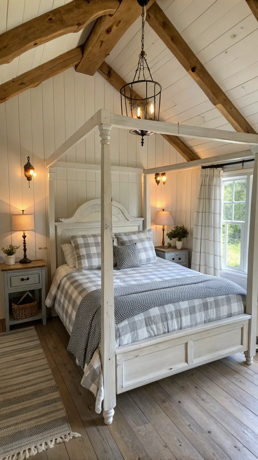 Cozy 12x14ft farmhouse bedroom featuring a distressed white canopy bed with grey and white buffalo check bedding, wire basket pendant lights, rustic wood flooring, antique milk can side tables with hydrangea arrangements, and a shiplap accent wall.