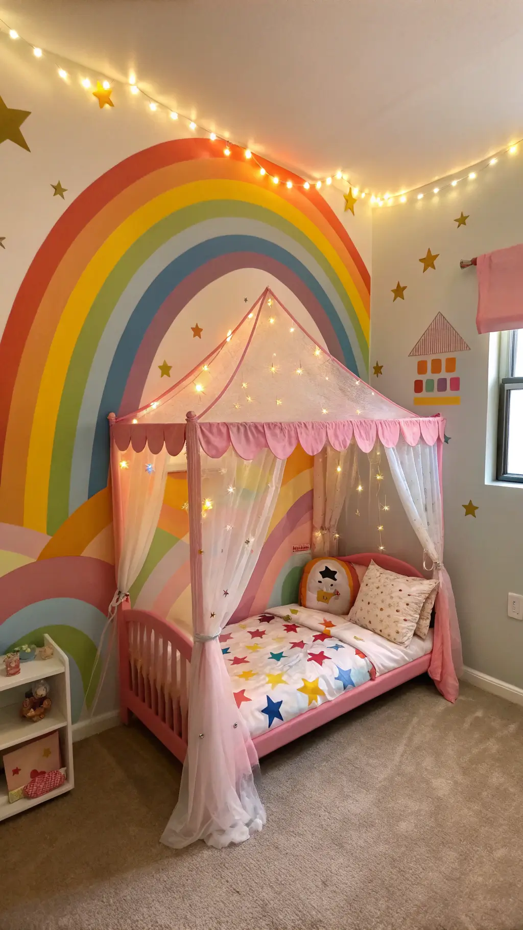 Low angle view of a whimsical toddler's room with a rainbow wall mural, petite pink plastic canopy bed with scalloped edges, multicolored tulle drapes, star-patterned bedding, character accent pillows, and educational wall decals, illuminated by diffused daylight and twinkle lights.