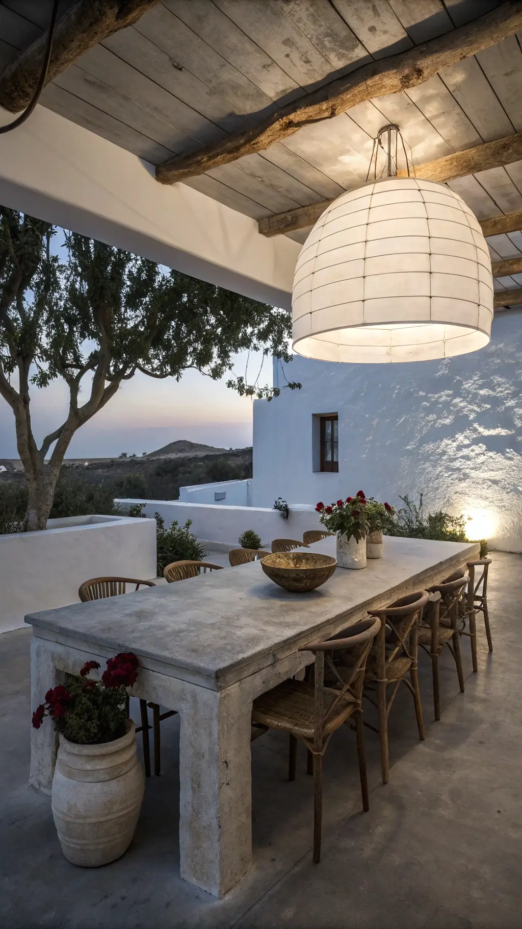 Minimalist dining room at dusk featuring a concrete table, vintage wooden chairs, an oversized pendant lamp, whitewashed walls with intentional cracks, and a ceramic bowl with camellia blooms.