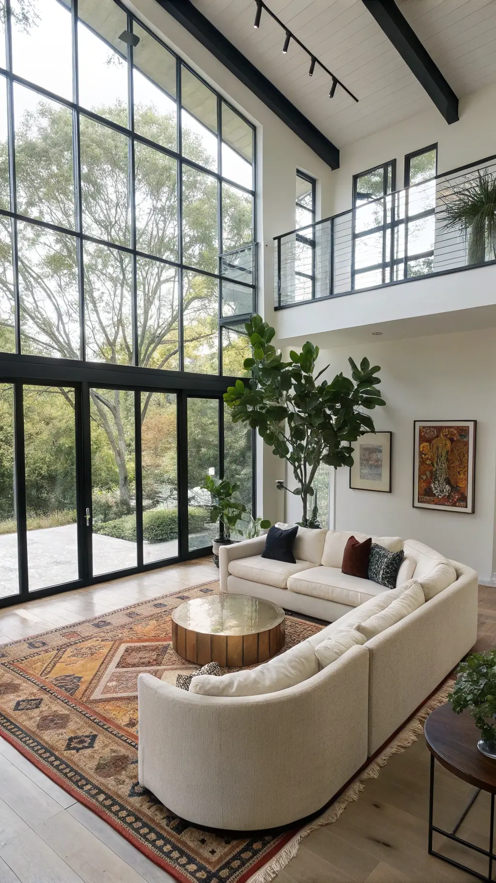 Open-concept living room with double-height windows, cream sectional, brass coffee table, Turkish kilim rug, artwork gallery wall, and fiddle leaf fig trees, photographed in natural light from an elevated position.