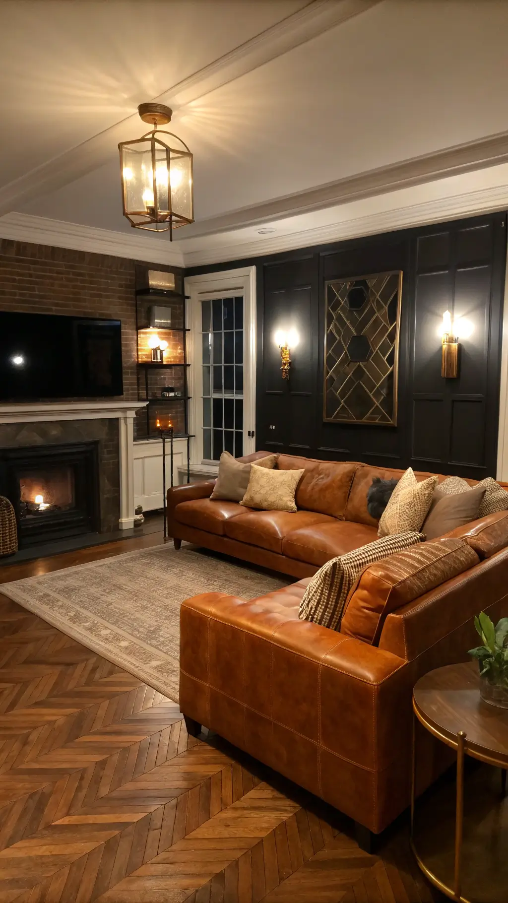 Vintage style sitting room with cognac leather sectional, herringbone hardwood floors and dramatic black accent wall at dusk.