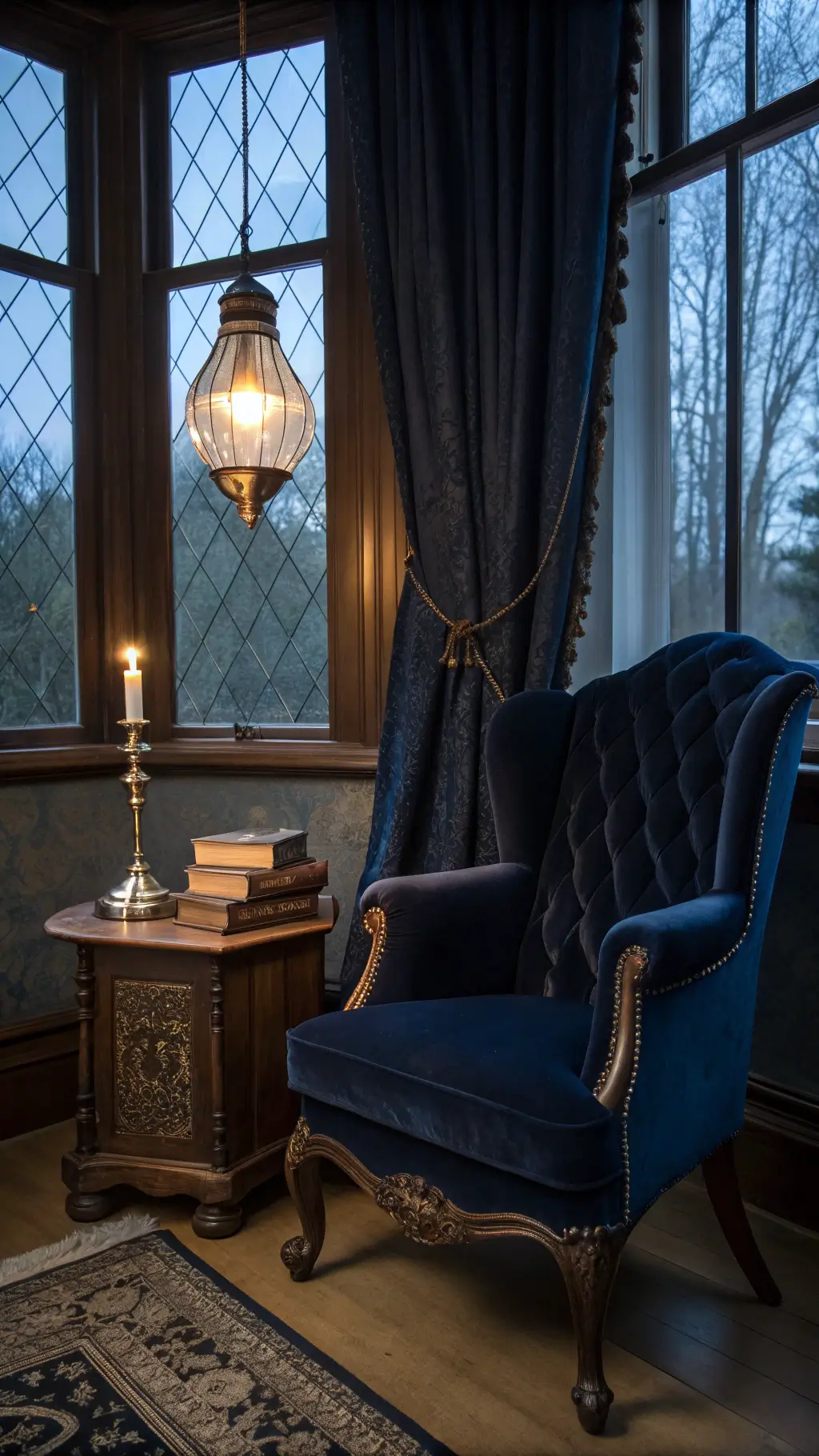 Gothic boudoir with high-backed Victorian armchair, carved wooden table, vintage Edison bulb lamp, candlesticks and books, framed by heavy damask curtains and leaded glass windows at twilight.