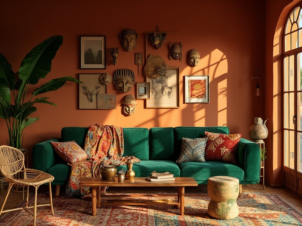 "Sunlit Afrohemian living room with terracotta walls, emerald green velvet sofa, traditional African decor, and vibrant Ankara print textiles"