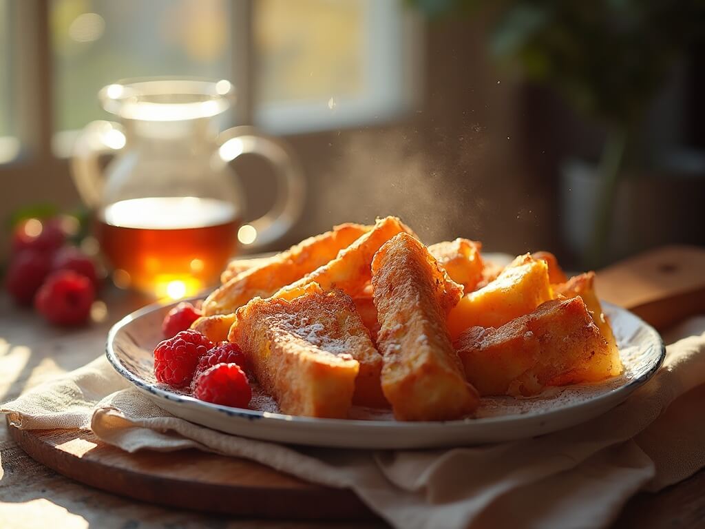 "Golden-brown air fryer French toast sticks on rustic wooden board with fresh berries and powdered sugar, vintage pitcher of maple syrup, and air fryer in the bokeh background"