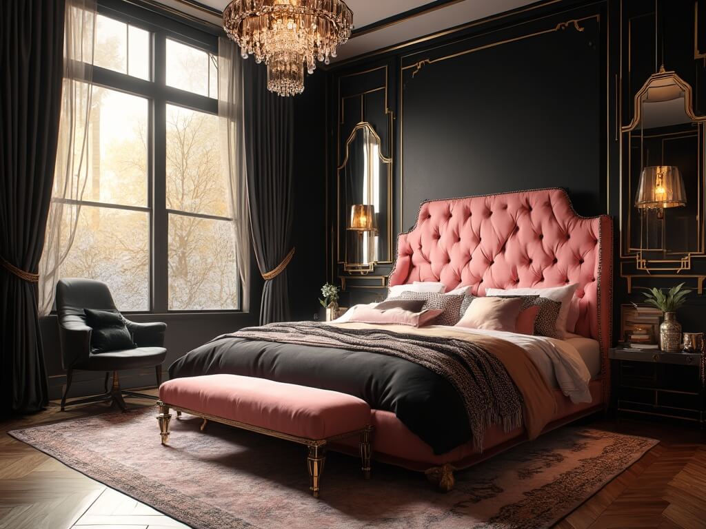 "Luxurious Art Deco-inspired bedroom with black geometric gold-trimmed walls and blush pink velvet headboard, bathed in golden hour light"