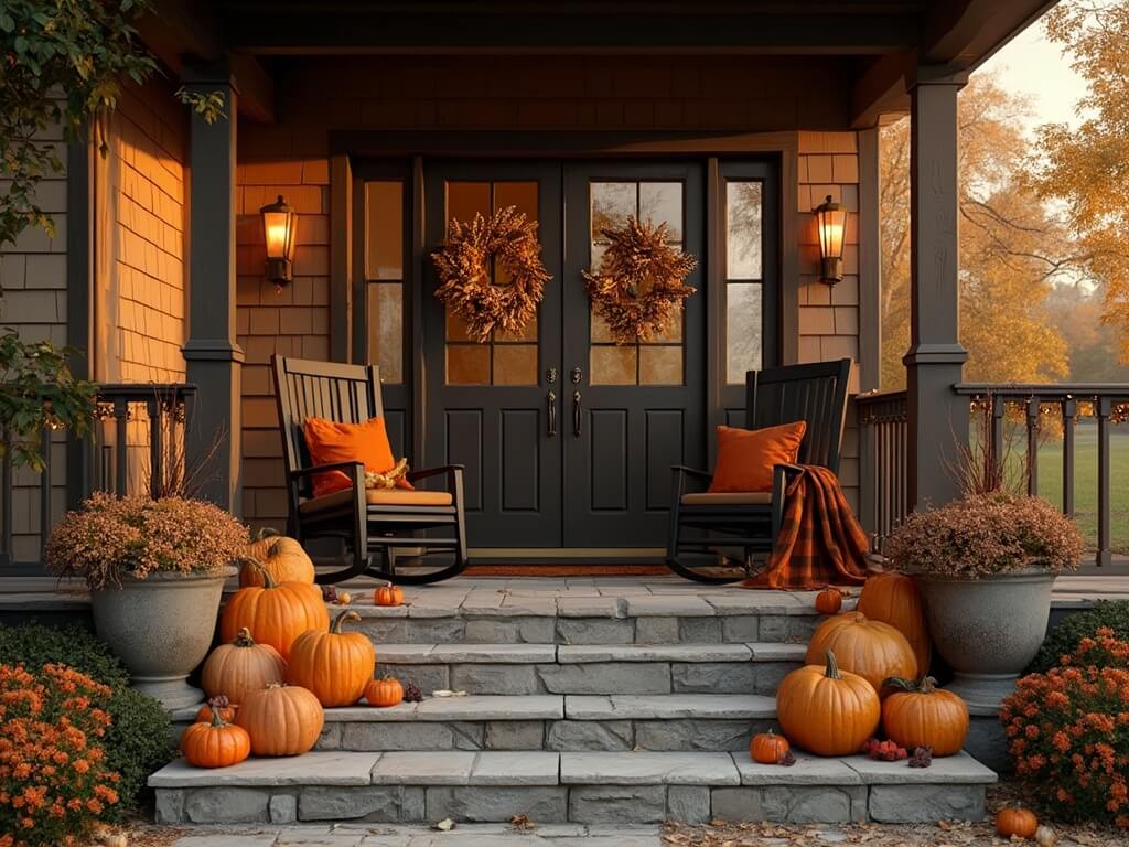 "Grand farmhouse porch decorated with autumnal harvest décor at golden hour"